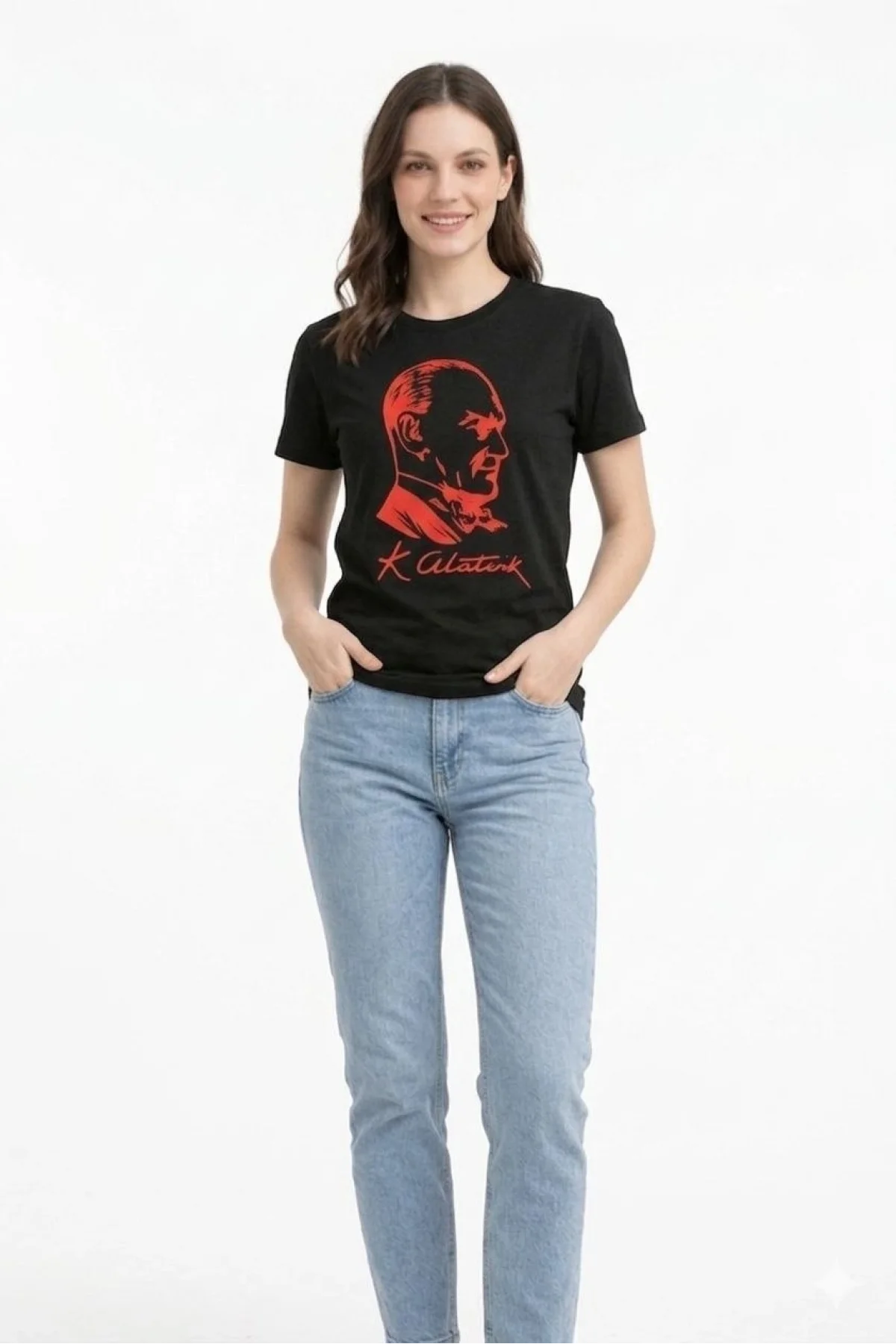Kadın Atatürk Baskılı Tişört Kısa Kollu Bisiklet Yaka T-Shirt - Siyah