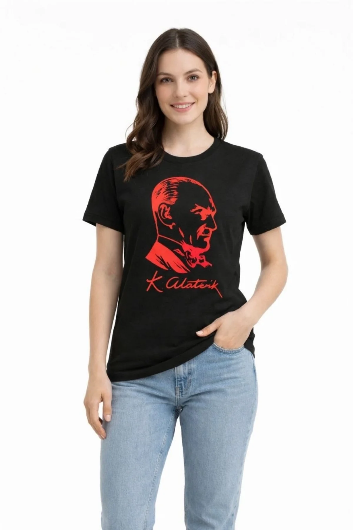 Kadın Atatürk Baskılı Tişört Kısa Kollu Bisiklet Yaka T-Shirt - Siyah