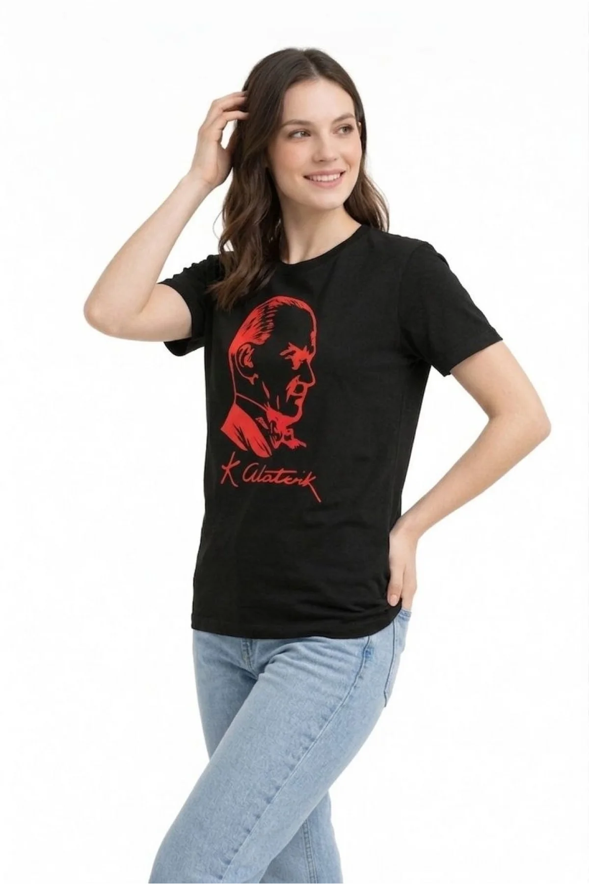 Kadın Atatürk Baskılı Tişört Kısa Kollu Bisiklet Yaka T-Shirt - Siyah