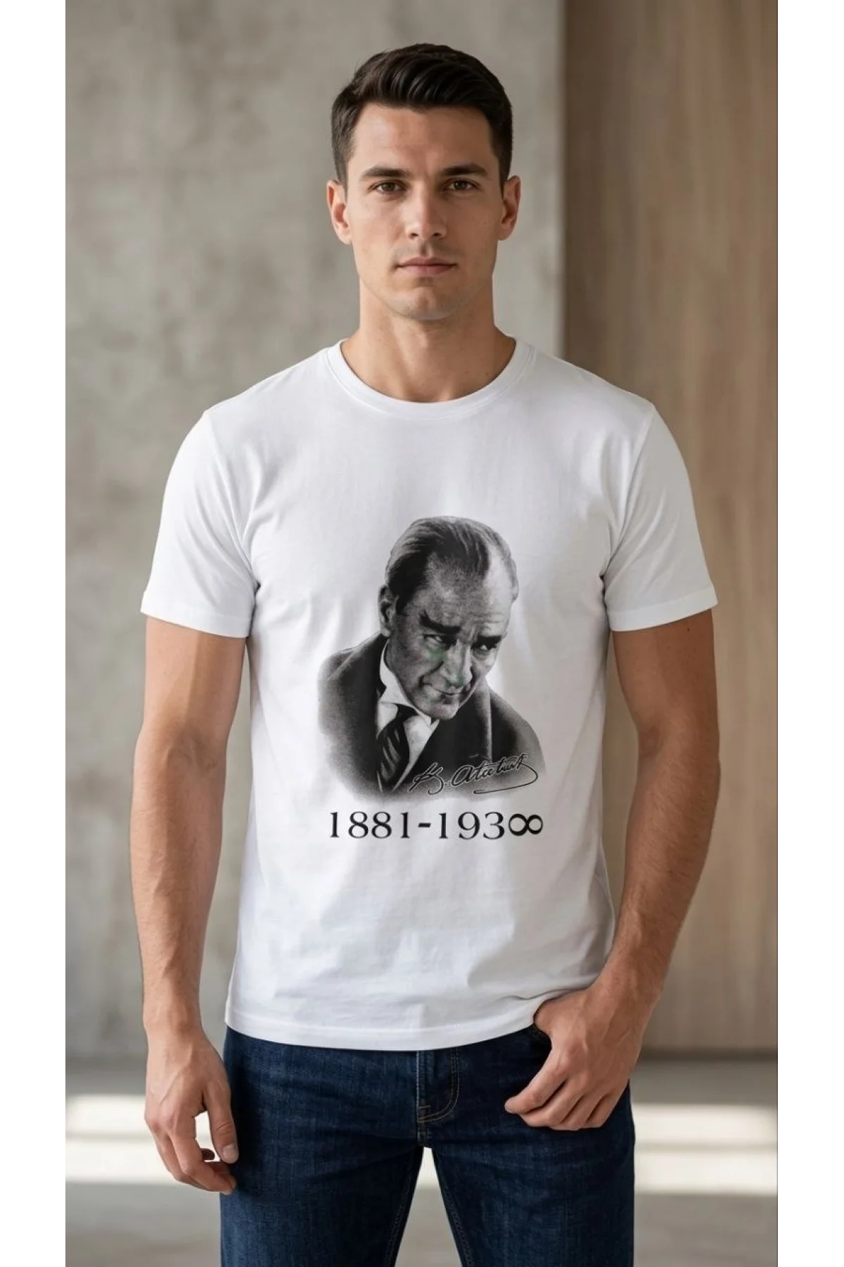 Erkek Atatürk Baskılı Tişört Kısa Kollu Bisiklet Yaka T-Shirt - Beyaz