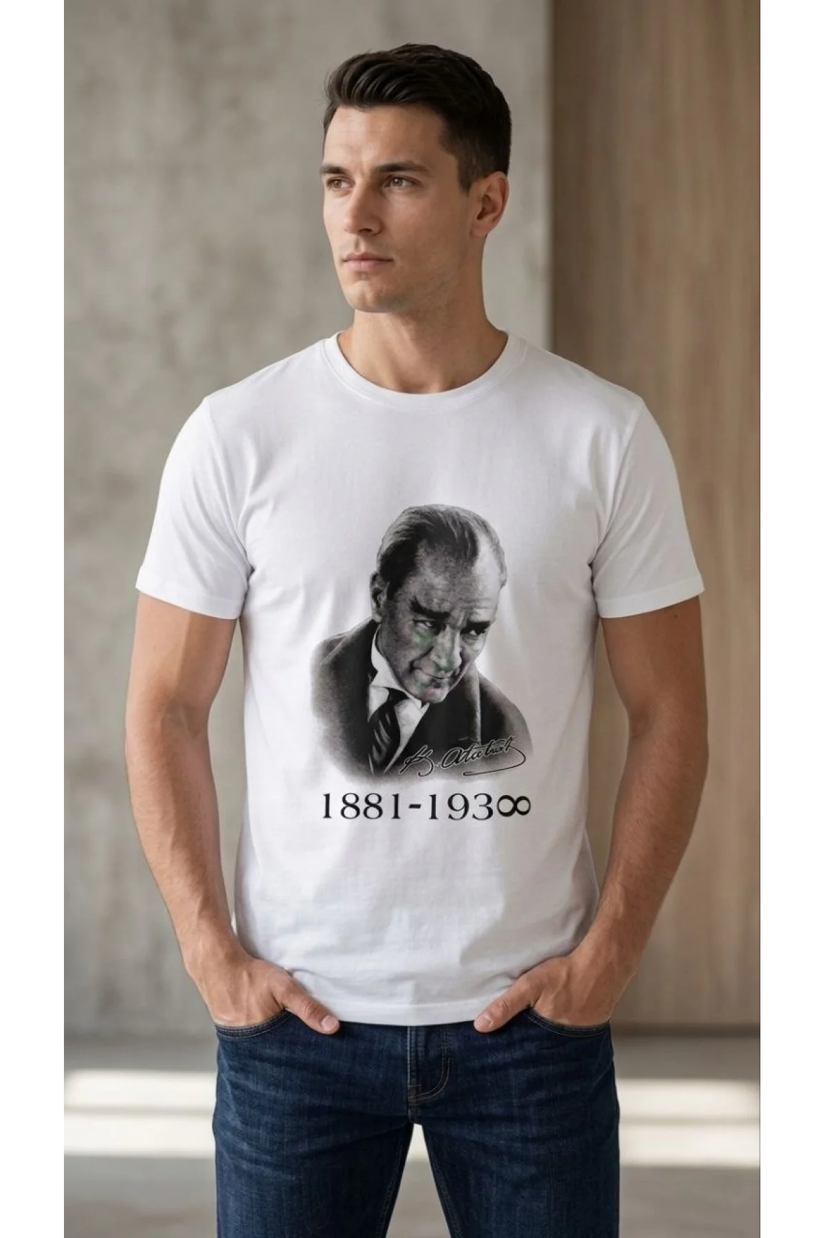 Erkek Atatürk Baskılı Tişört Kısa Kollu Bisiklet Yaka T-Shirt - Beyaz