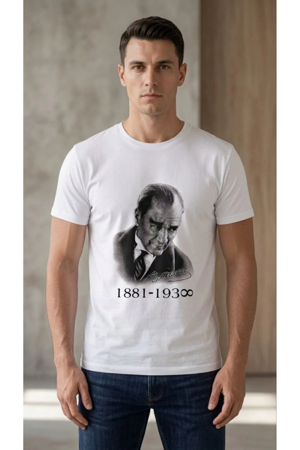 Erkek Atatürk Baskılı Tişört Kısa Kollu Bisiklet Yaka T-Shirt - Beyaz