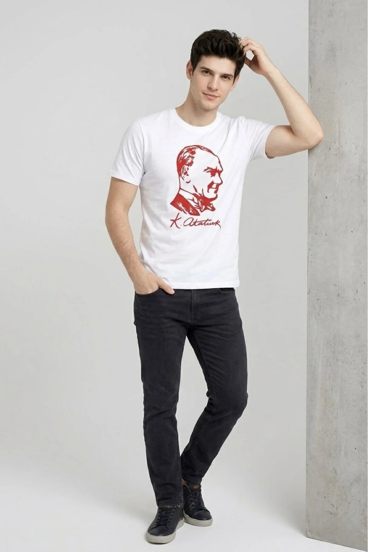 Erkek Atatürk Baskılı Tişört Kısa Kollu Bisiklet Yaka T-Shirt - Beyaz