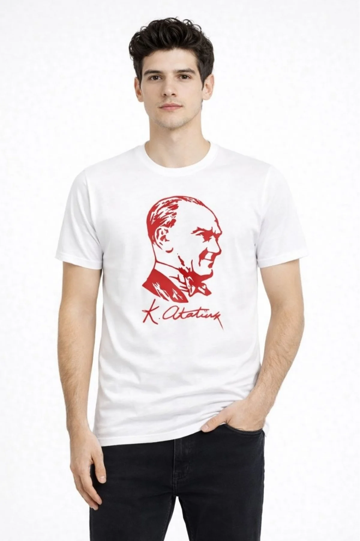 Erkek Atatürk Baskılı Tişört Kısa Kollu Bisiklet Yaka T-Shirt - Beyaz