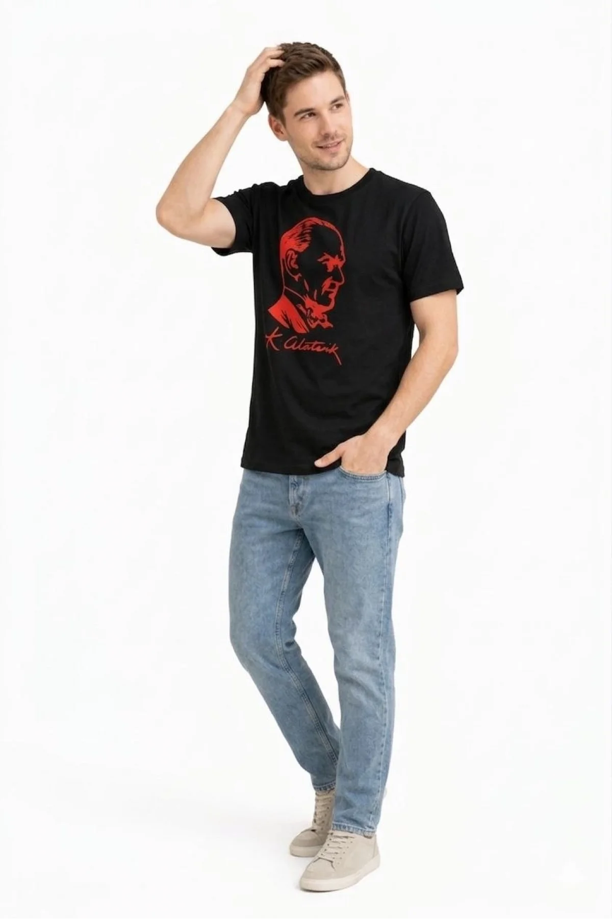 Erkek Atatürk Baskılı Tişört Kısa Kollu Bisiklet Yaka T-Shirt - Siyah