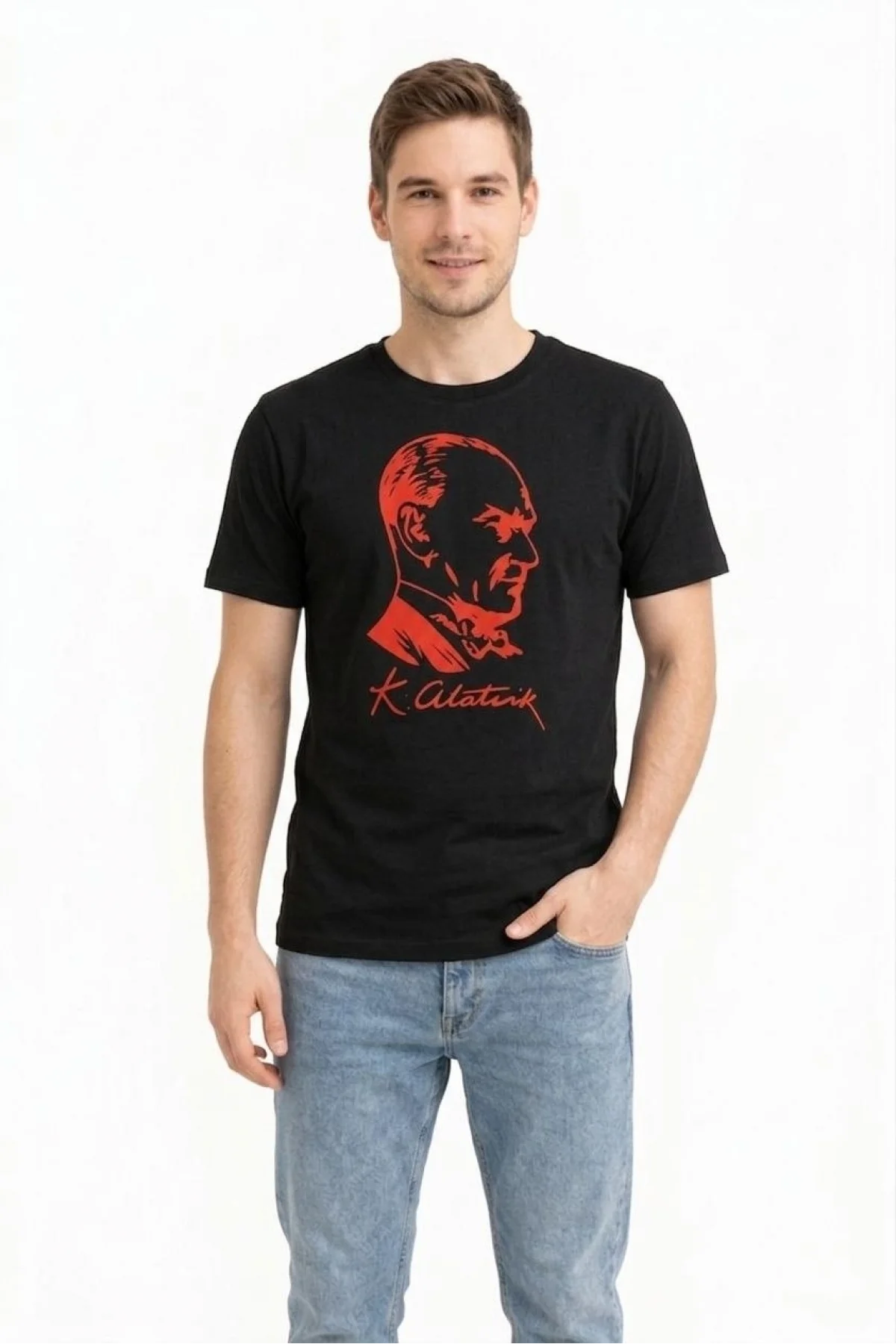 Erkek Atatürk Baskılı Tişört Kısa Kollu Bisiklet Yaka T-Shirt - Siyah