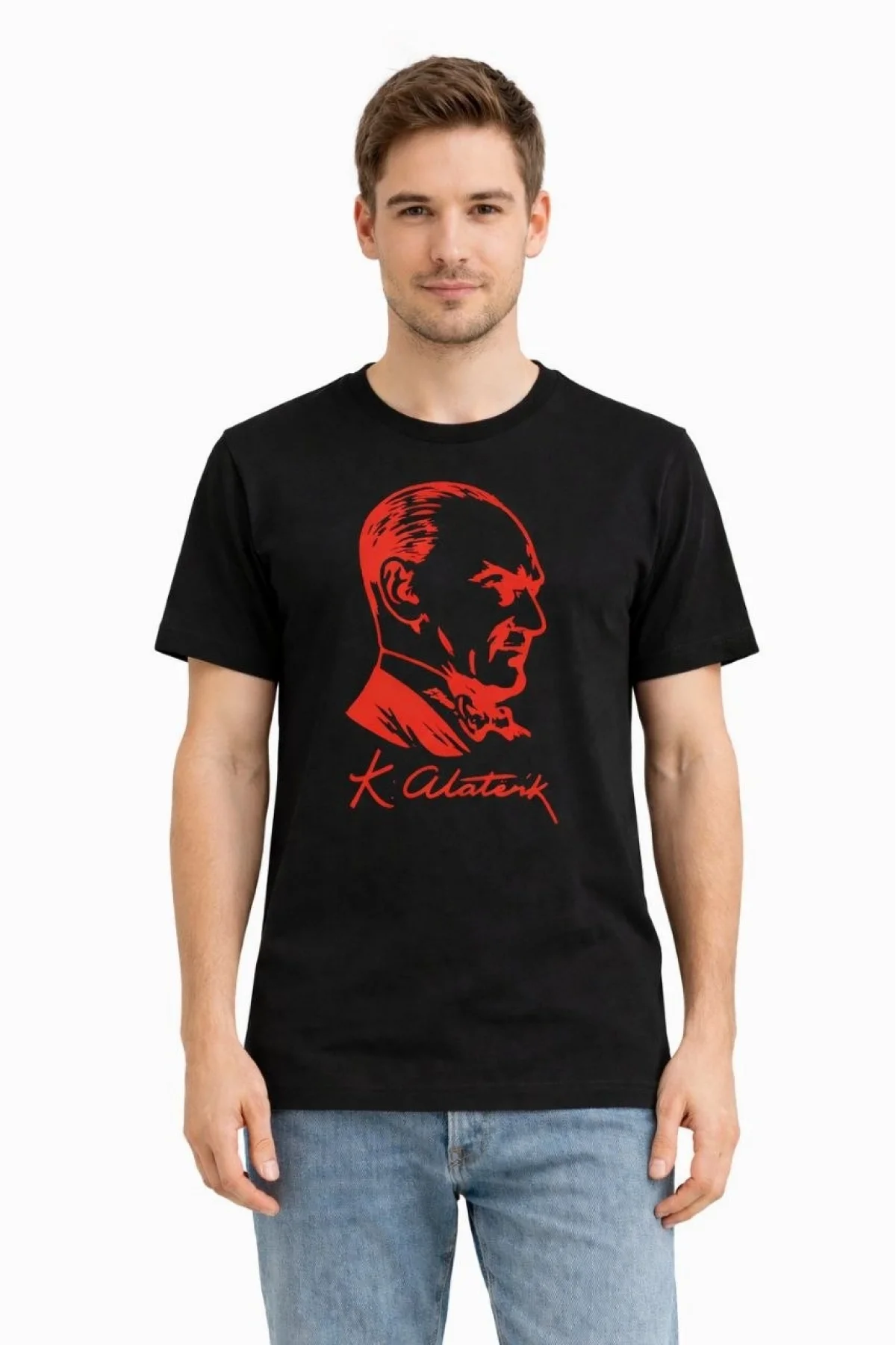 Erkek Atatürk Baskılı Tişört Kısa Kollu Bisiklet Yaka T-Shirt - Siyah