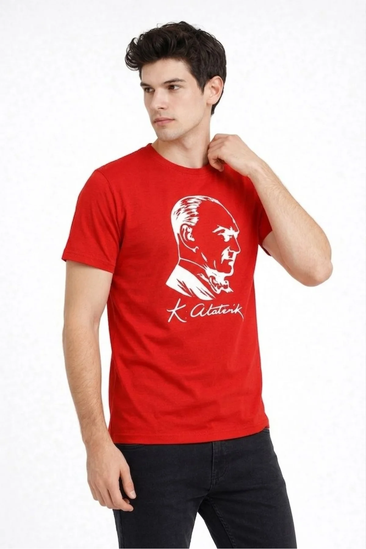 Erkek Atatürk Baskılı Tişört Kısa Kollu Bisiklet Yaka T-Shirt - Kırmızı