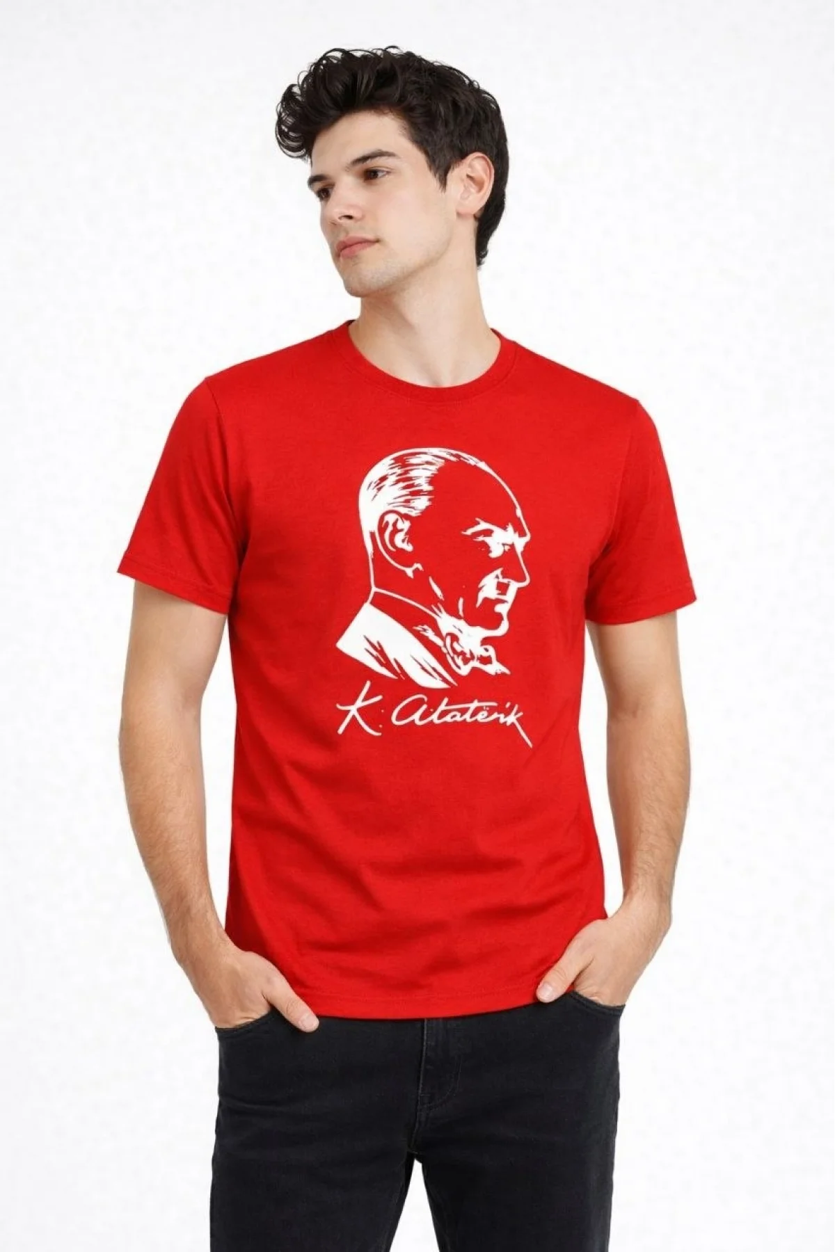 Erkek Atatürk Baskılı Tişört Kısa Kollu Bisiklet Yaka T-Shirt - Kırmızı