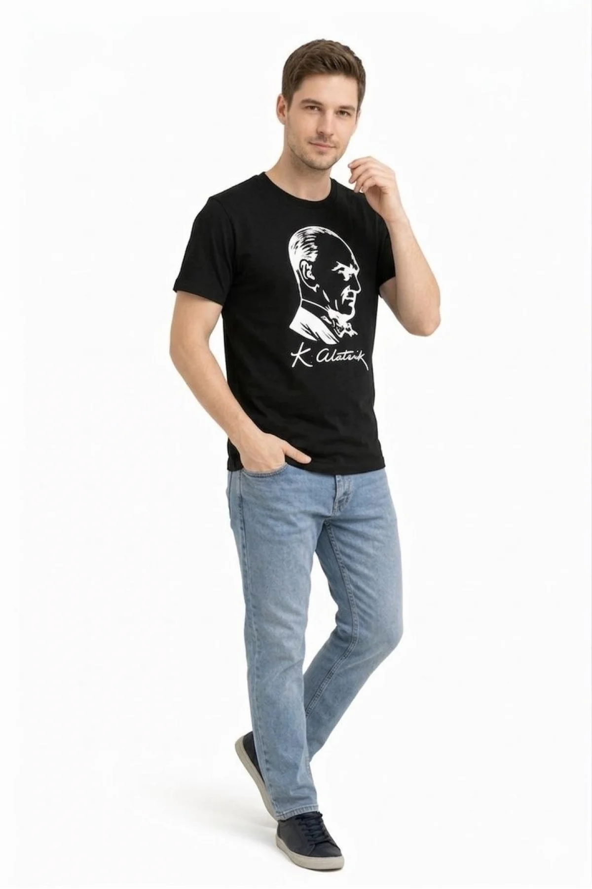 Erkek Atatürk Baskılı Tişört Kısa Kollu Bisiklet Yaka T-Shirt - Siyah