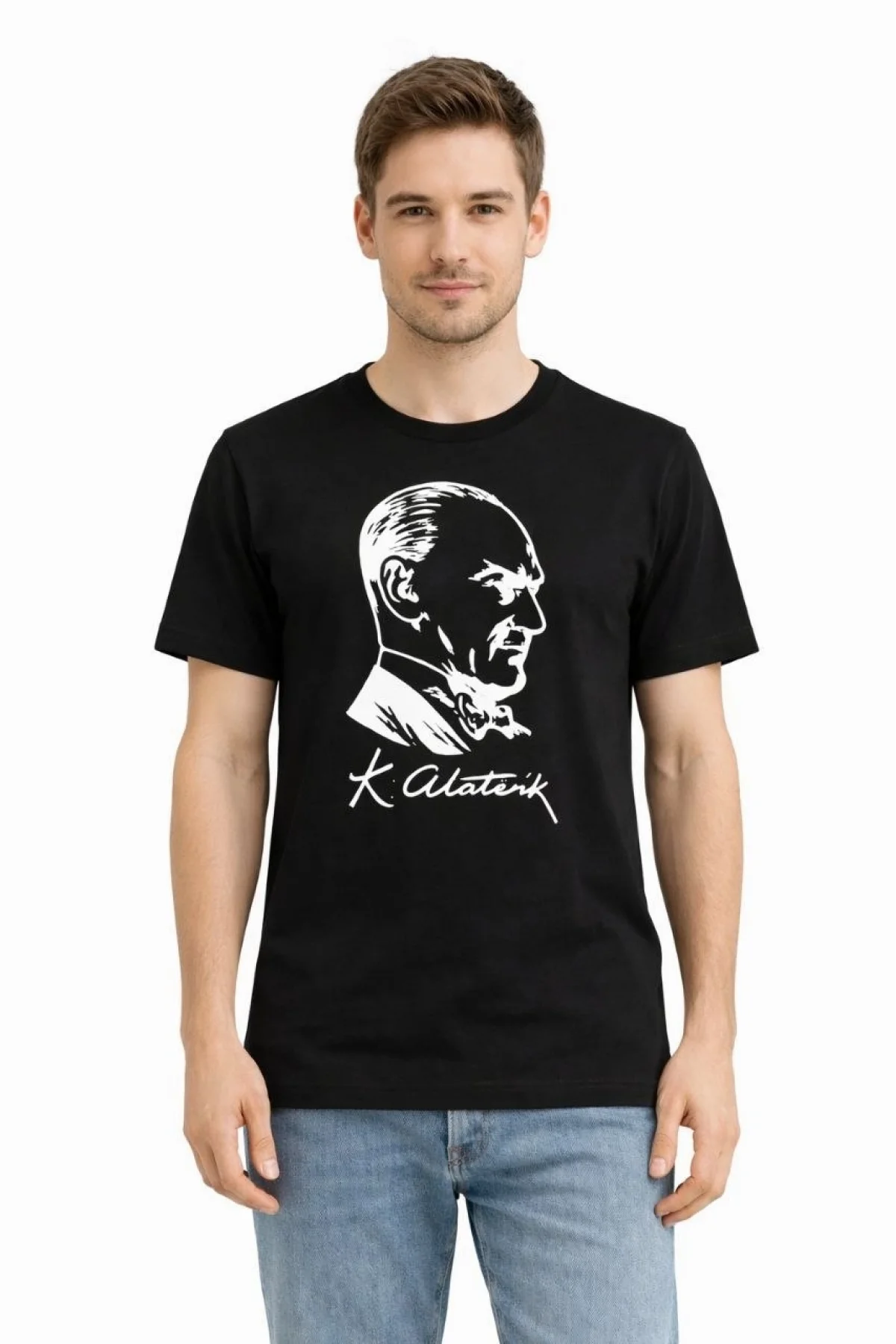 Erkek Atatürk Baskılı Tişört Kısa Kollu Bisiklet Yaka T-Shirt - Siyah
