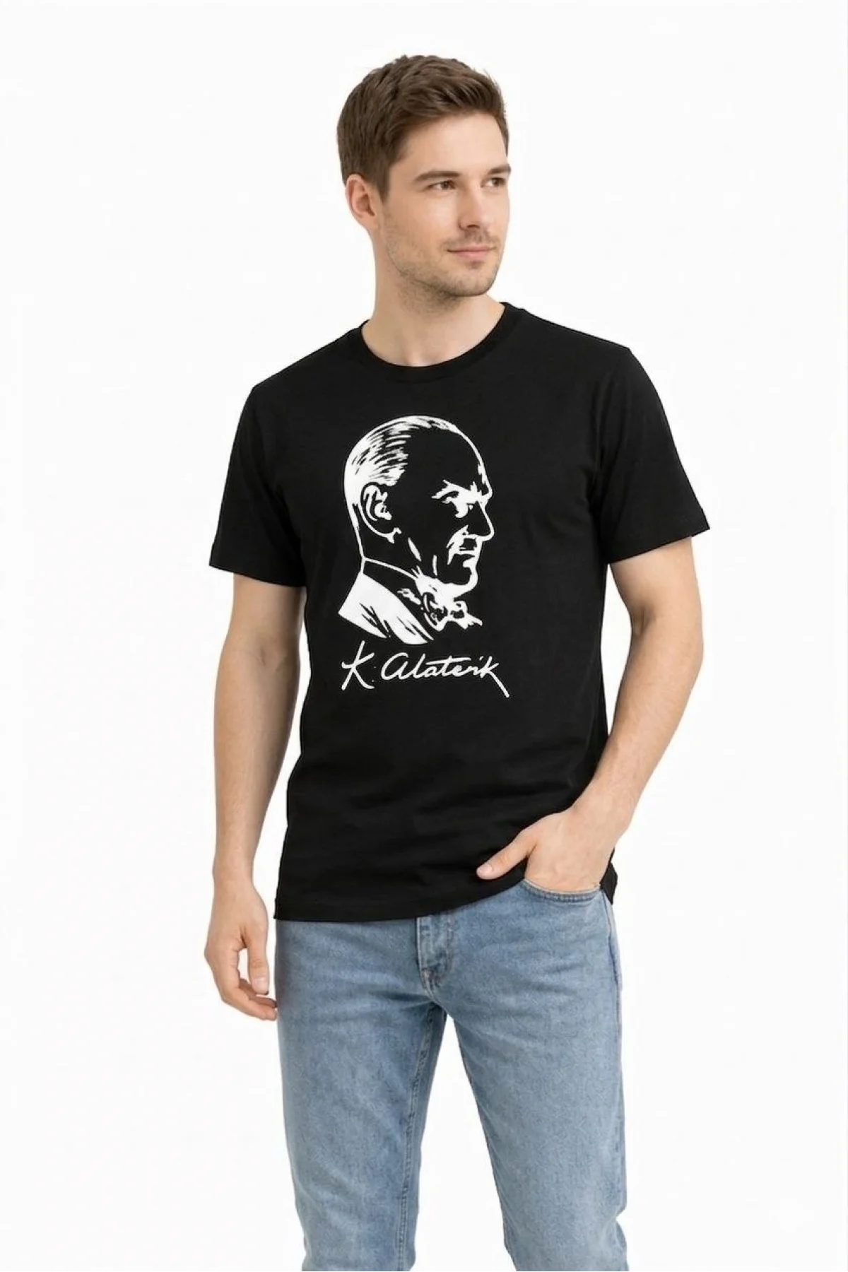 Erkek Atatürk Baskılı Tişört Kısa Kollu Bisiklet Yaka T-Shirt - Siyah