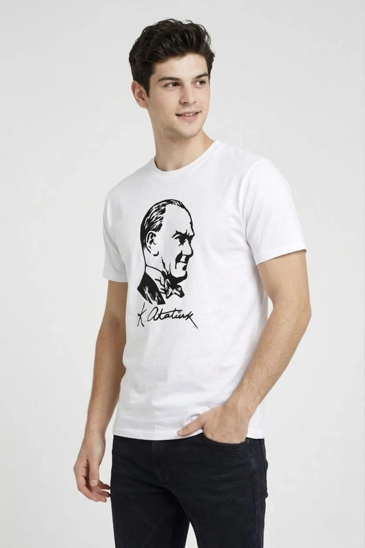 Erkek Atatürk Baskılı Tişört Kısa Kollu Bisiklet Yaka T-Shirt - Beyaz
