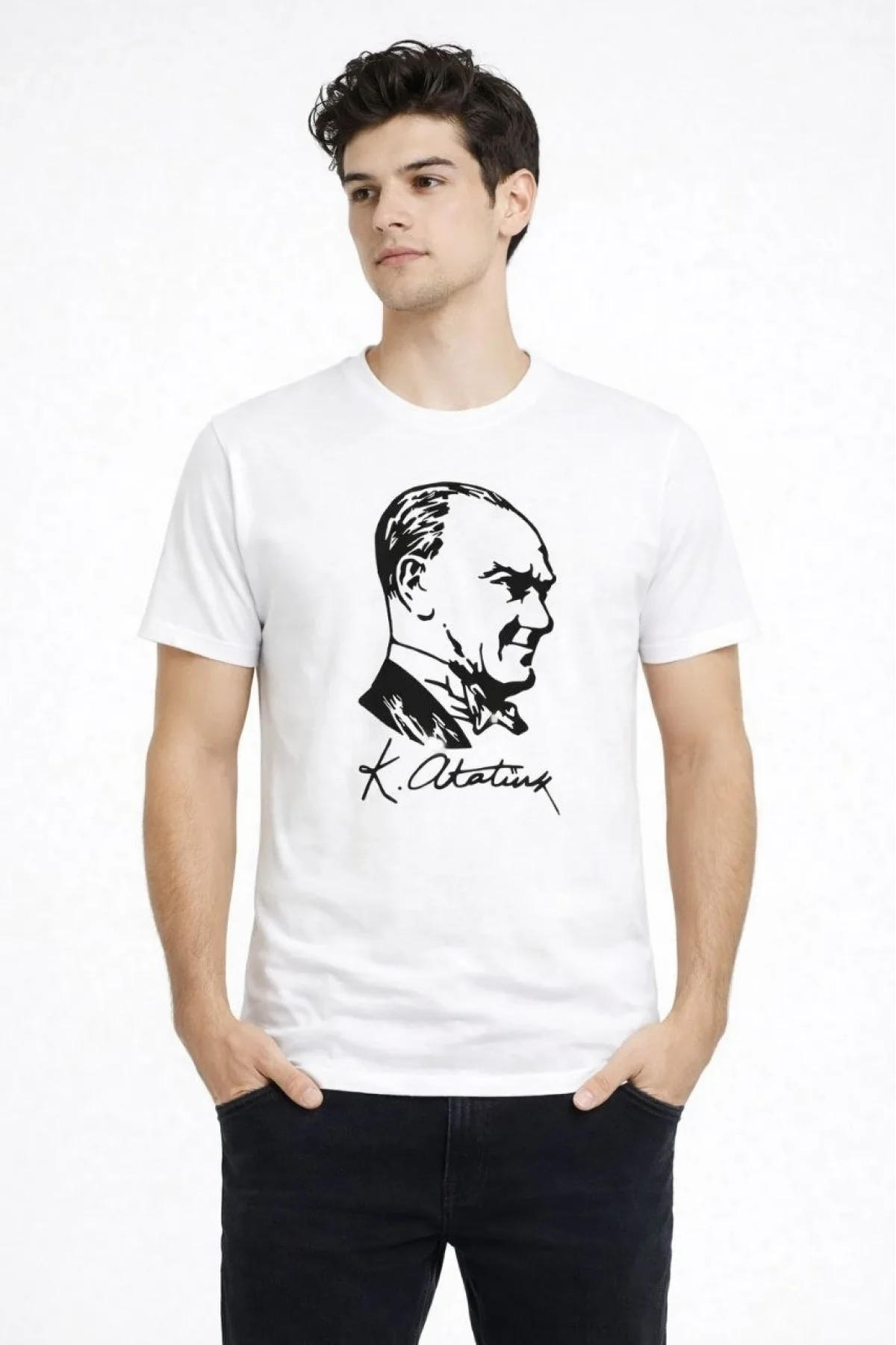 Erkek Atatürk Baskılı Tişört Kısa Kollu Bisiklet Yaka T-Shirt - Beyaz