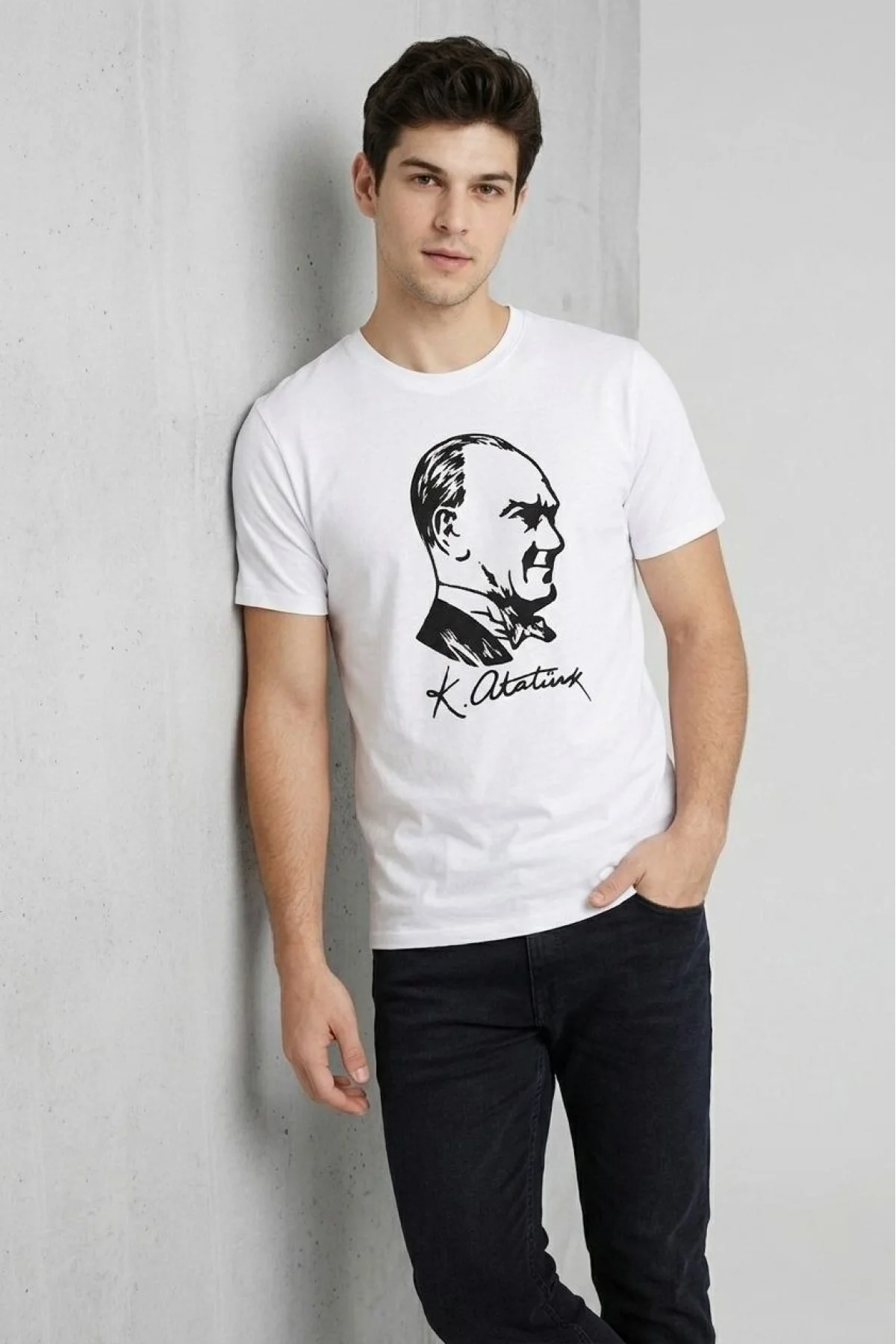 Erkek Atatürk Baskılı Tişört Kısa Kollu Bisiklet Yaka T-Shirt - Beyaz