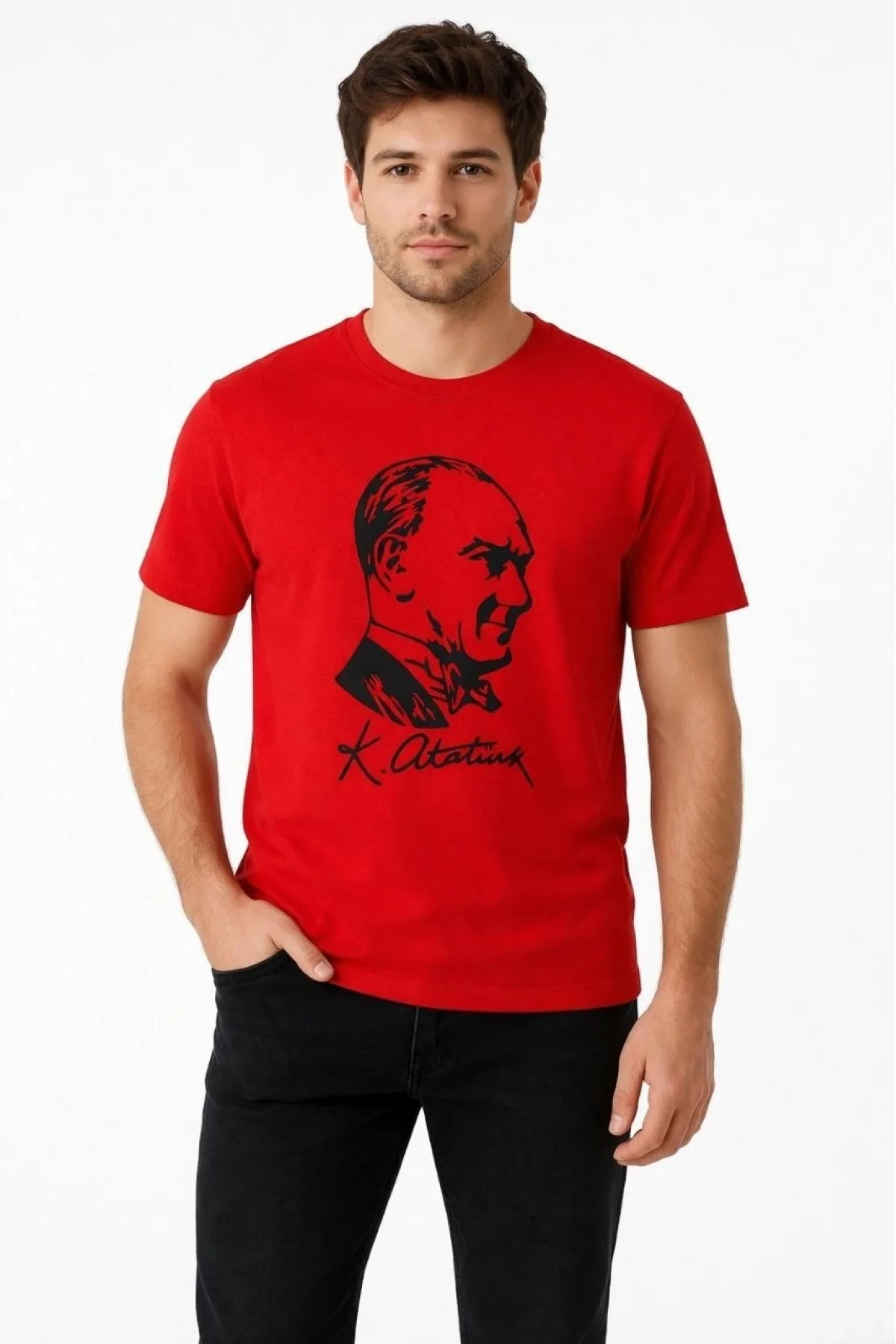Erkek Atatürk Baskılı Tişört Kısa Kollu Bisiklet Yaka T-Shirt - Kırmızı