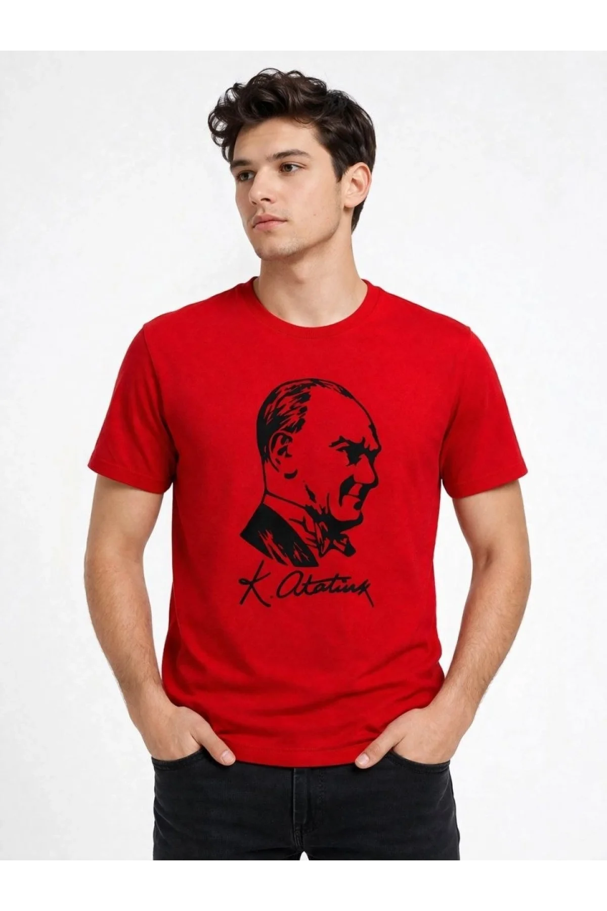 Erkek Atatürk Baskılı Tişört Kısa Kollu Bisiklet Yaka T-Shirt - Kırmızı