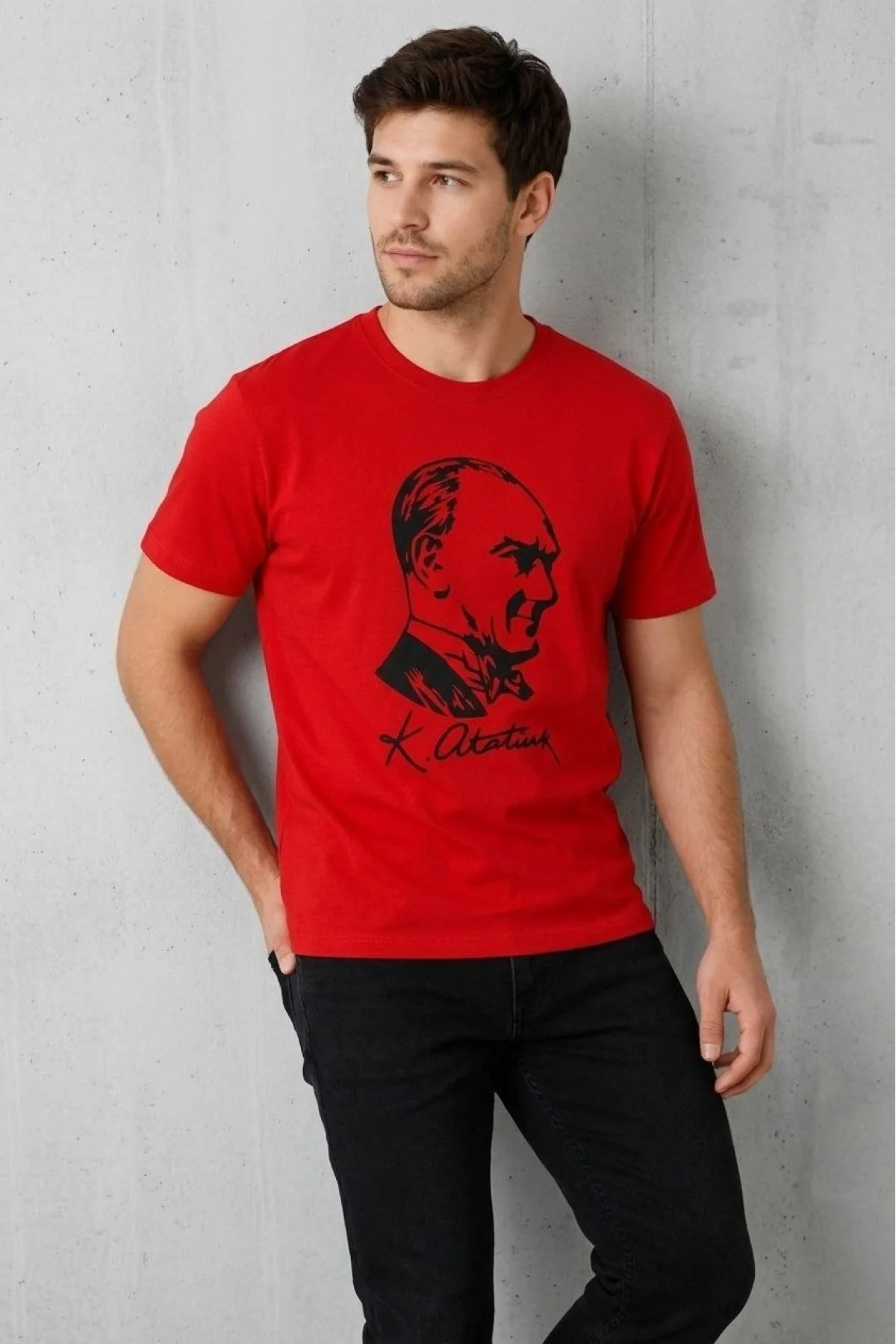 Erkek Atatürk Baskılı Tişört Kısa Kollu Bisiklet Yaka T-Shirt - Kırmızı