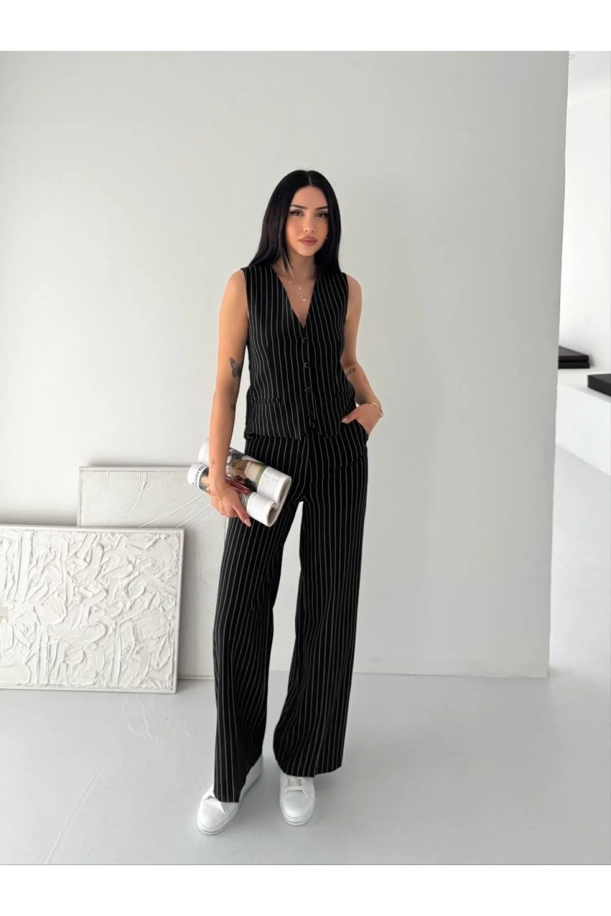 Kadın Çizgili Tansel Kumaş Yelek Pantolon İkili Takım Ofis Şık Modern - Siyah