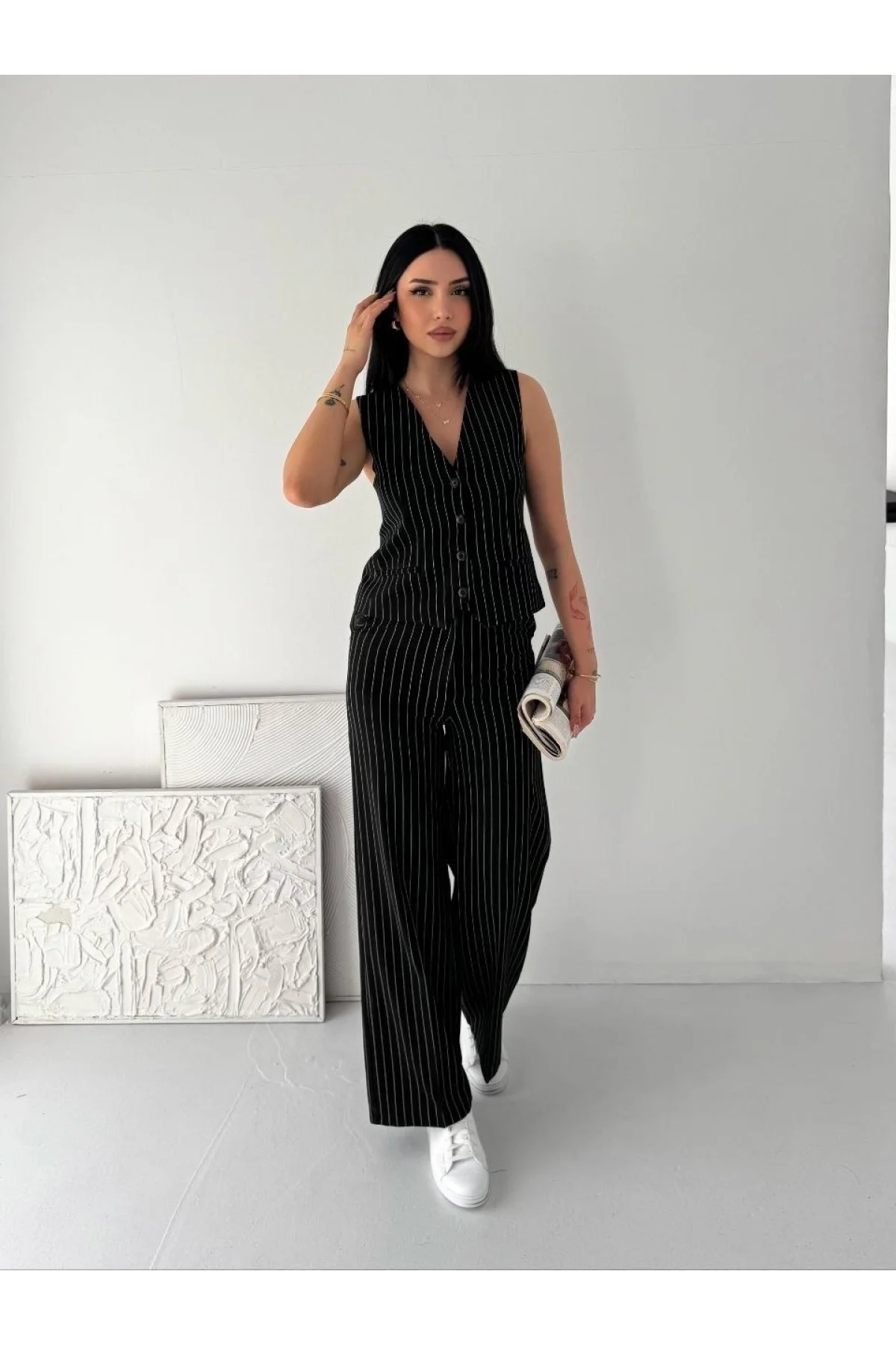 Kadın Çizgili Tansel Kumaş Yelek Pantolon İkili Takım Ofis Şık Modern - Siyah