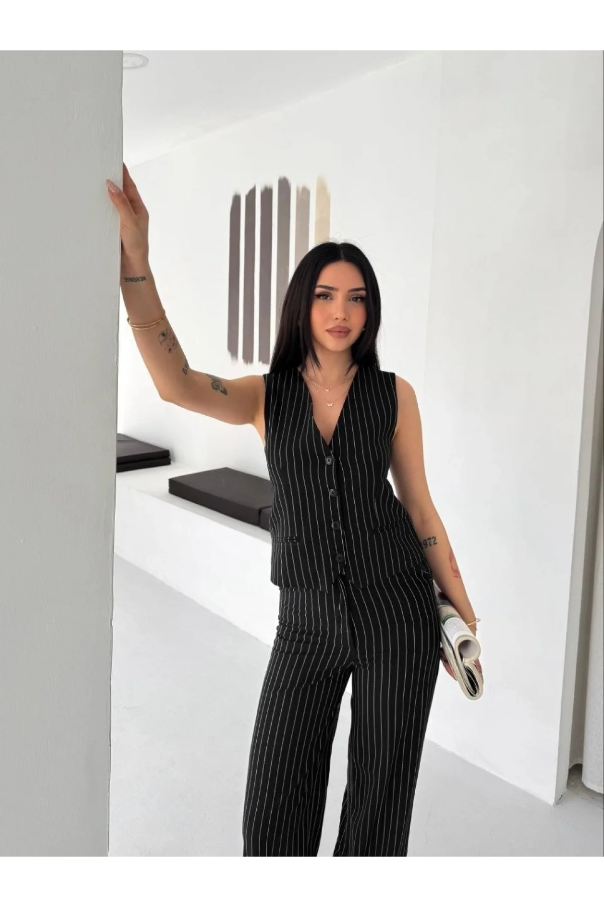 Kadın Çizgili Tansel Kumaş Yelek Pantolon İkili Takım Ofis Şık Modern - Siyah