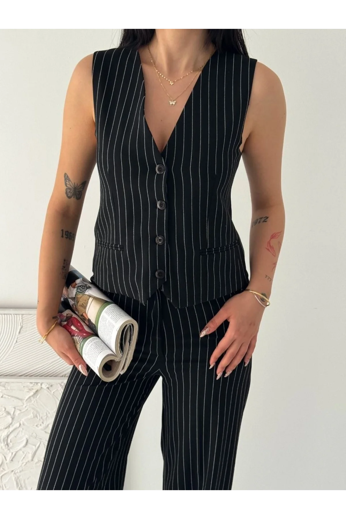 Kadın Çizgili Tansel Kumaş Yelek Pantolon İkili Takım Ofis Şık Modern - Siyah