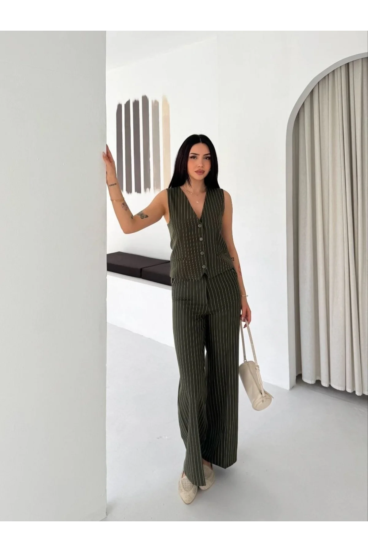 Kadın Çizgili Tansel Kumaş Yelek Pantolon İkili Takım Ofis Şık Modern - Haki