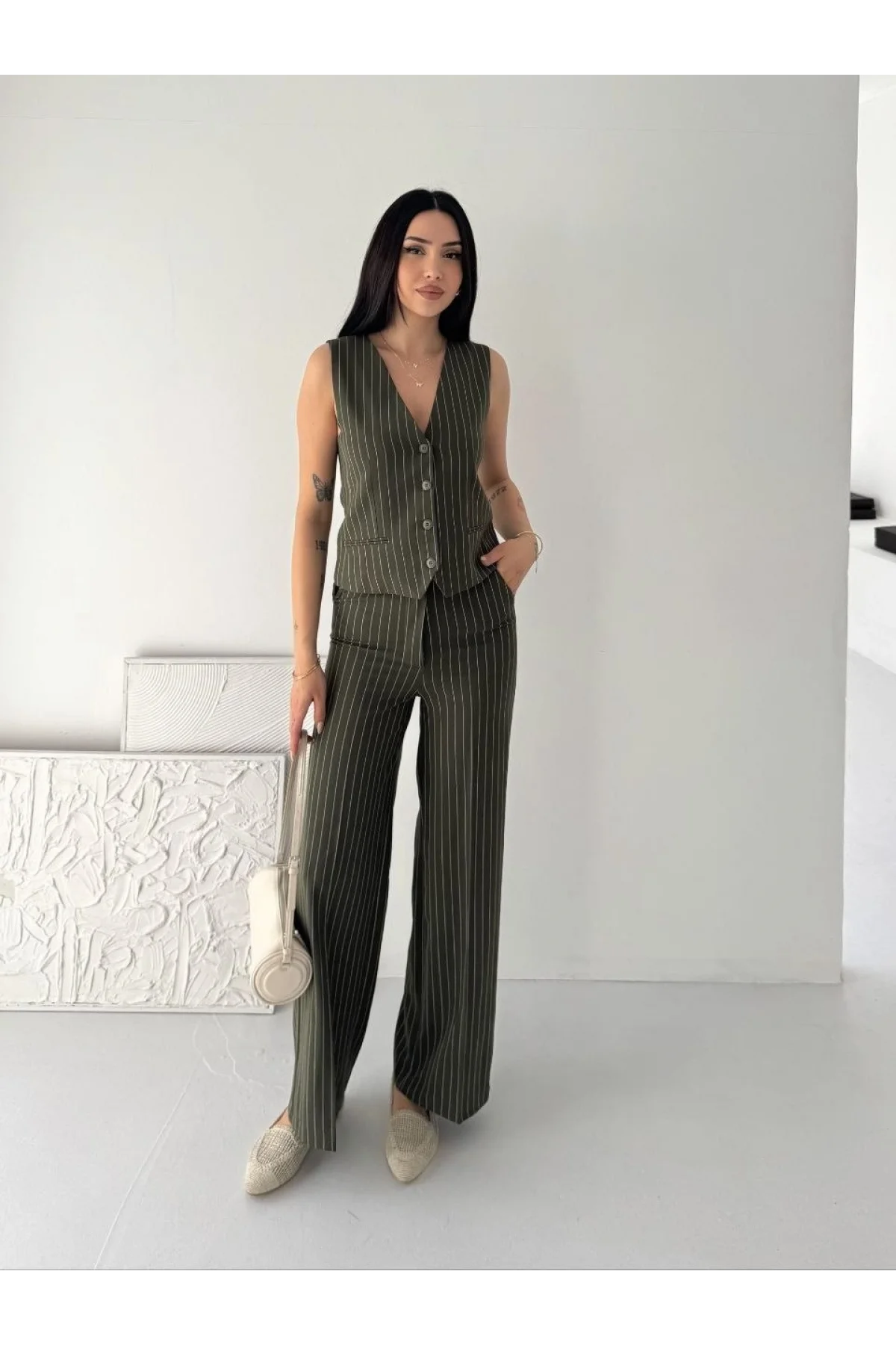 Kadın Çizgili Tansel Kumaş Yelek Pantolon İkili Takım Ofis Şık Modern - Haki
