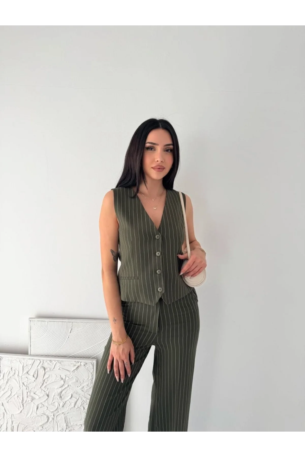 Kadın Çizgili Tansel Kumaş Yelek Pantolon İkili Takım Ofis Şık Modern - Haki