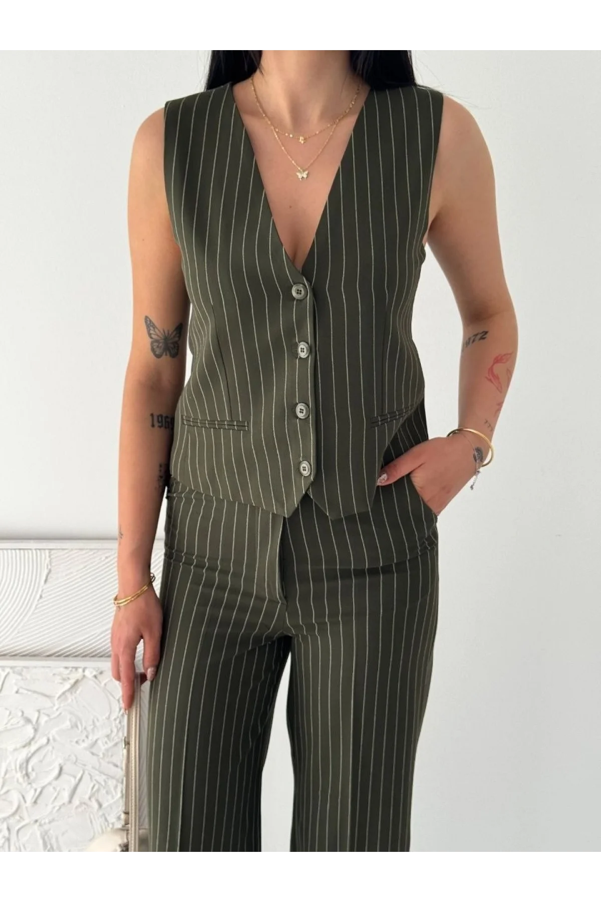 Kadın Çizgili Tansel Kumaş Yelek Pantolon İkili Takım Ofis Şık Modern - Haki