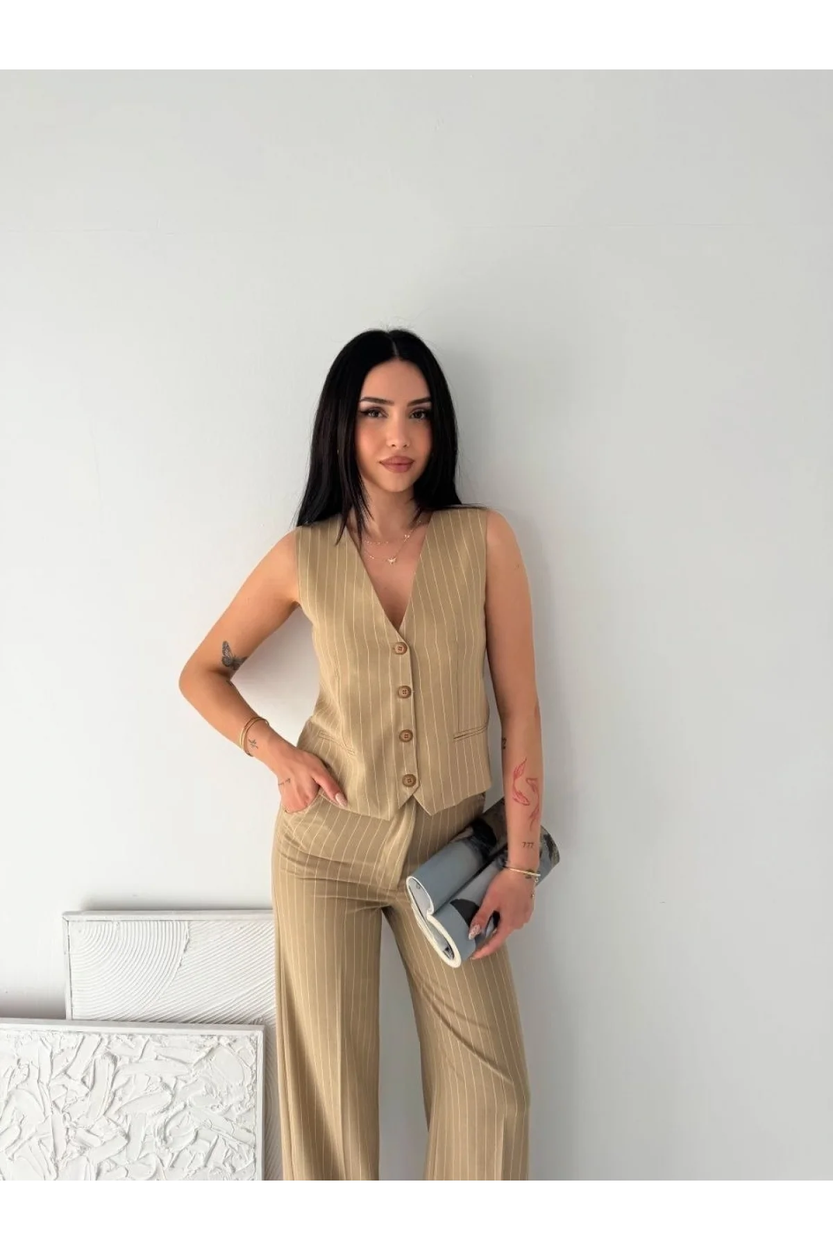Kadın Çizgili Tansel Kumaş Yelek Pantolon İkili Takım Ofis Şık Modern - Bej