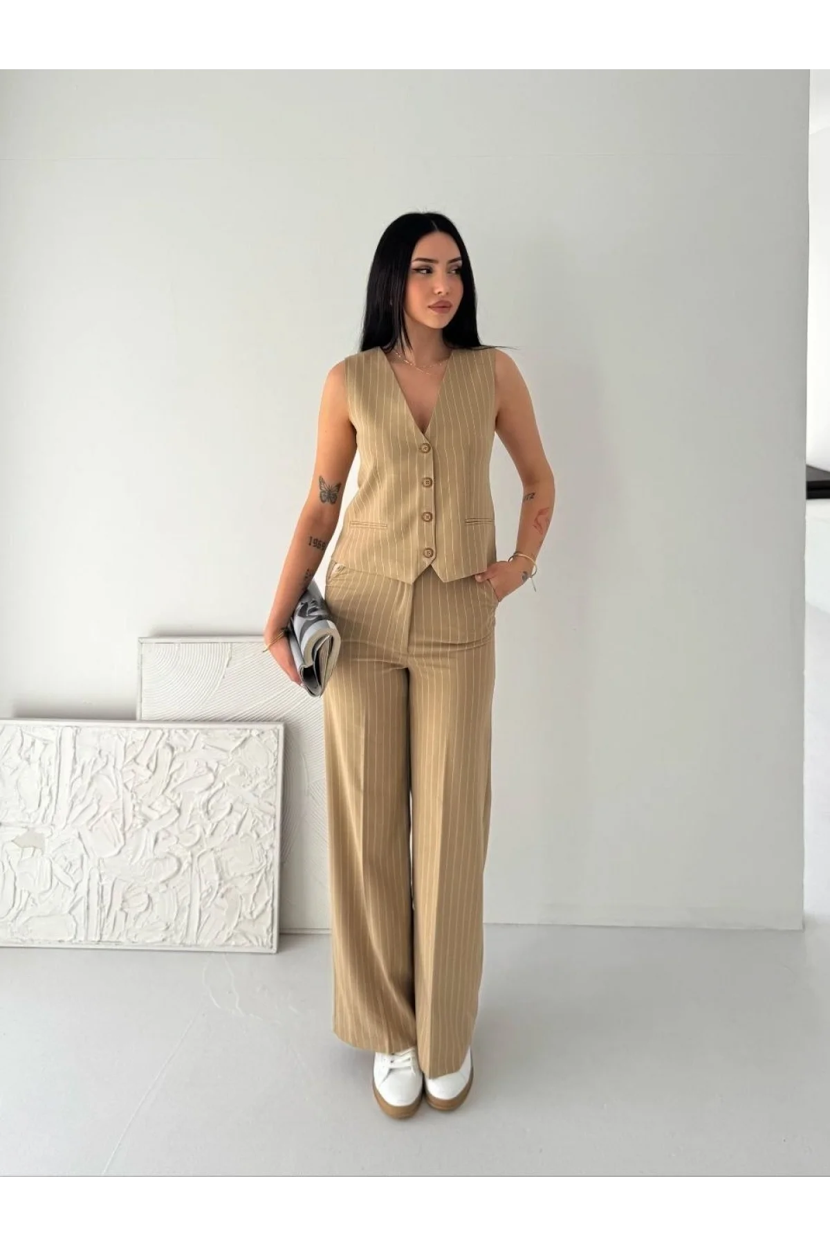 Kadın Çizgili Tansel Kumaş Yelek Pantolon İkili Takım Ofis Şık Modern - Bej