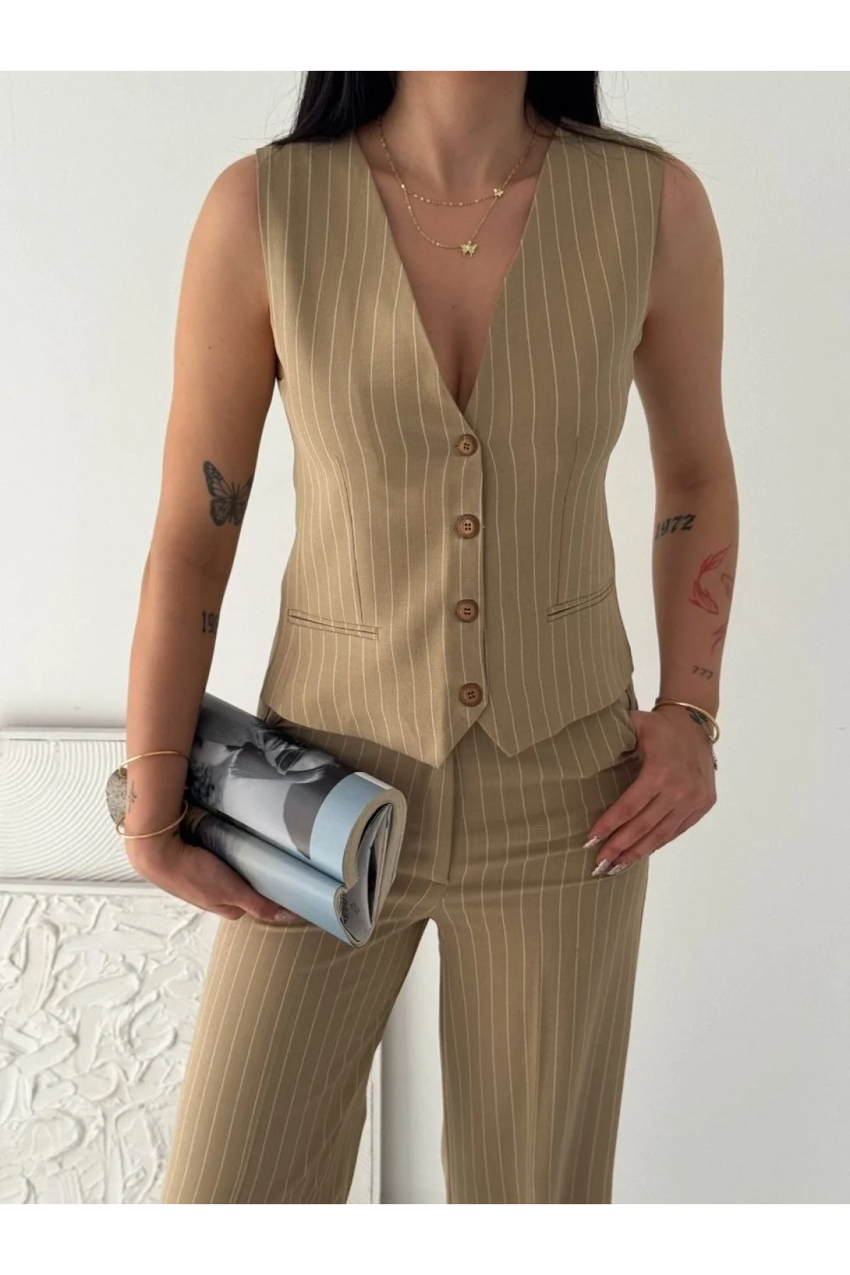 Kadın Çizgili Tansel Kumaş Yelek Pantolon İkili Takım Ofis Şık Modern - Bej