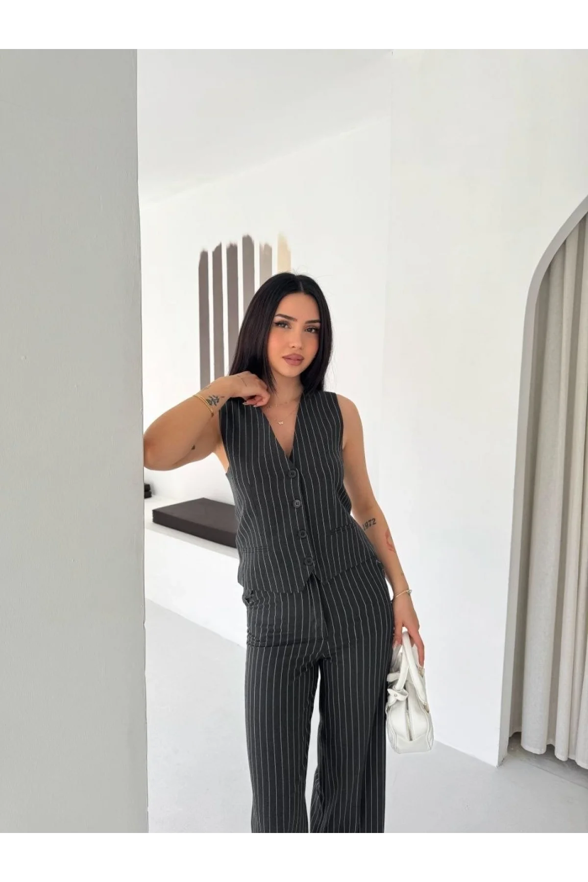 Kadın Çizgili Tansel Kumaş Yelek Pantolon İkili Takım Ofis Şık Modern - Füme