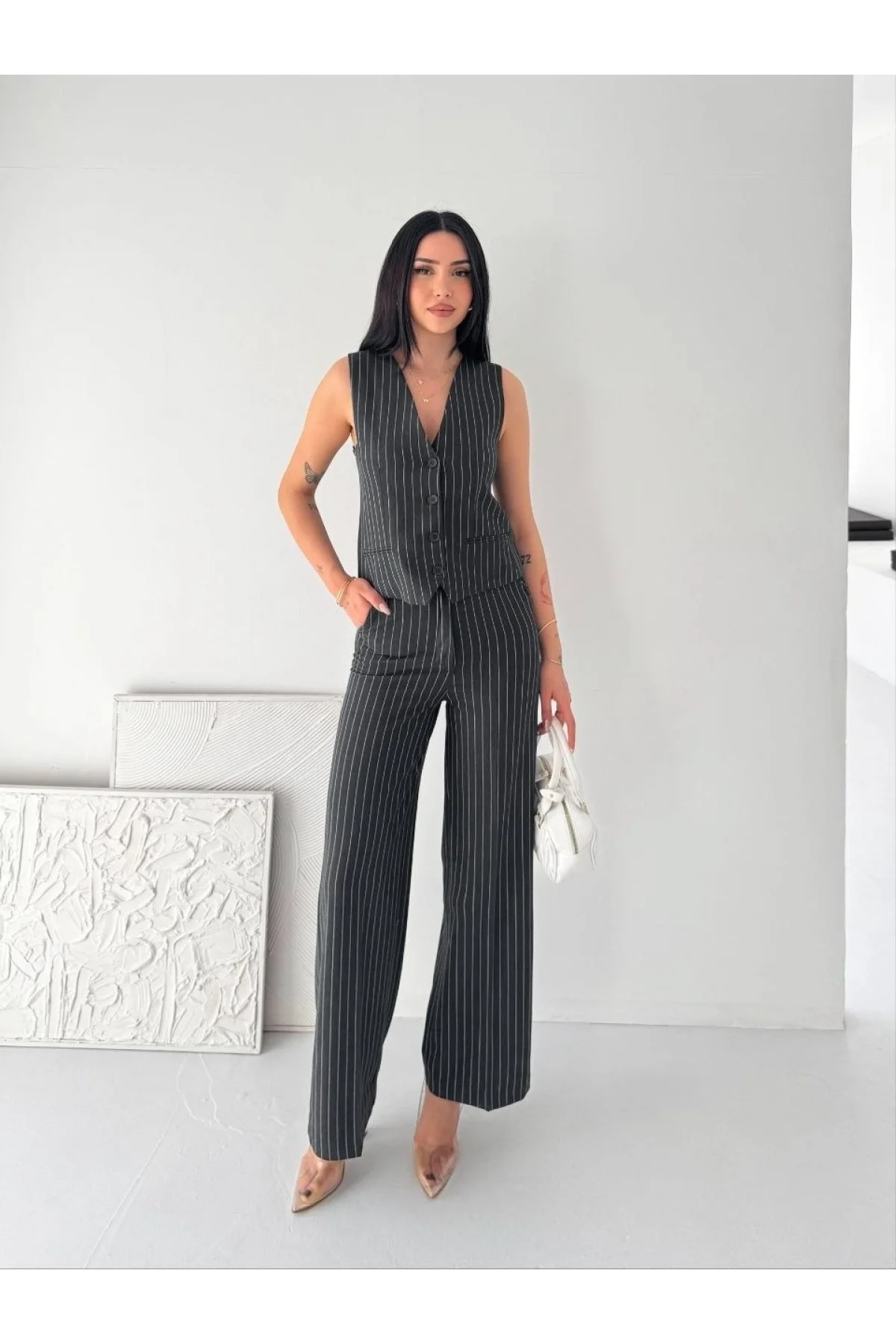 Kadın Çizgili Tansel Kumaş Yelek Pantolon İkili Takım Ofis Şık Modern - Füme