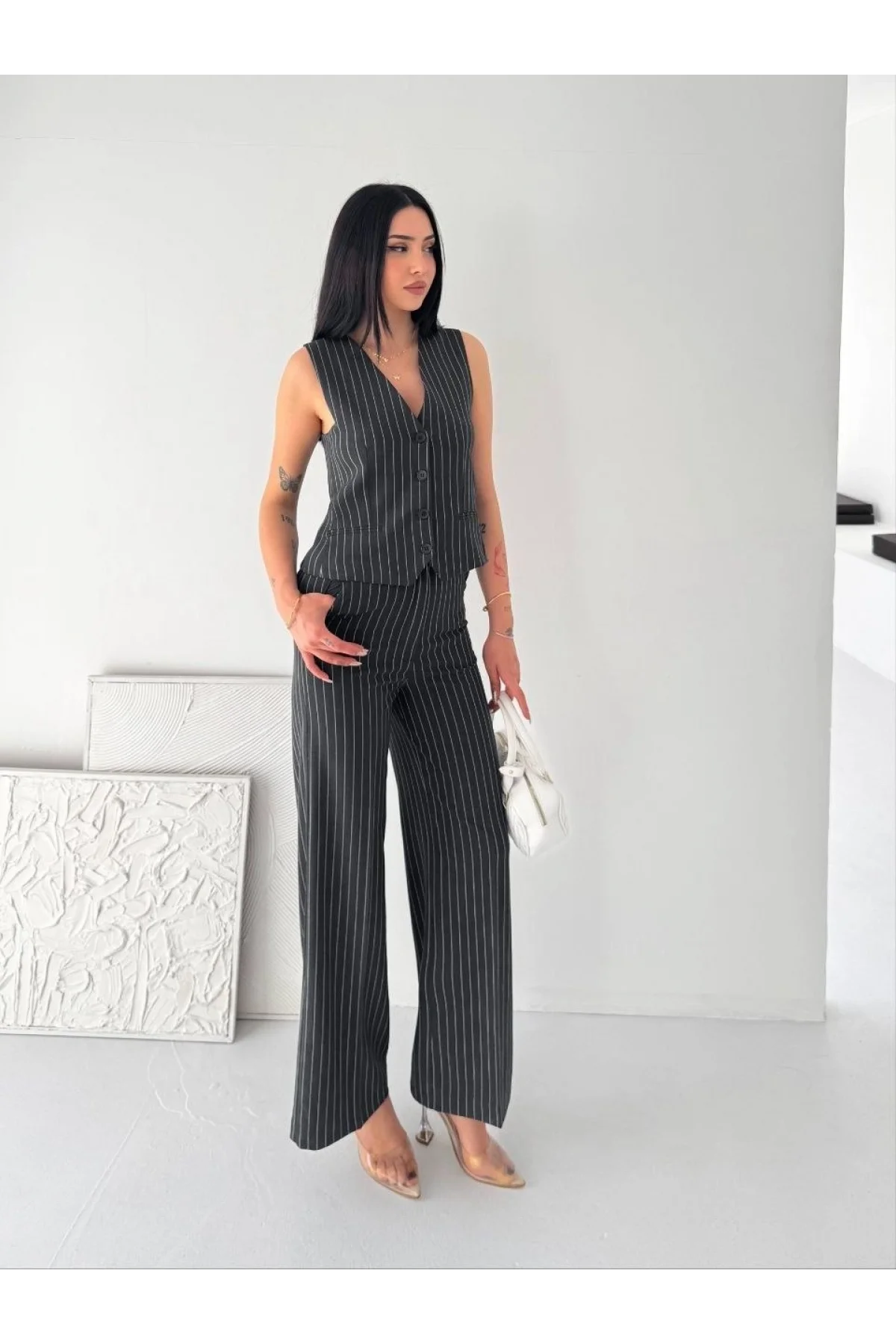 Kadın Çizgili Tansel Kumaş Yelek Pantolon İkili Takım Ofis Şık Modern - Füme