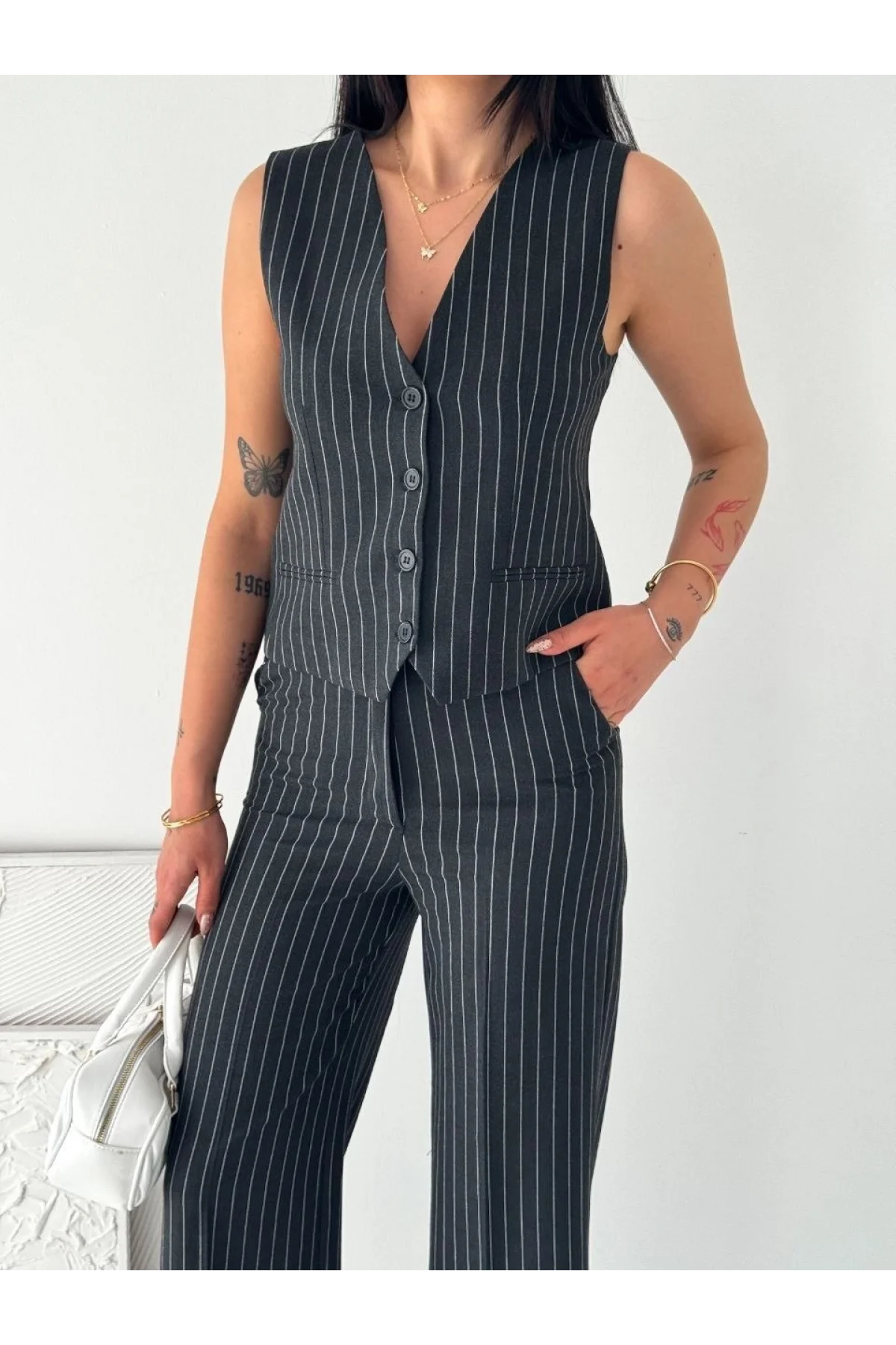 Kadın Çizgili Tansel Kumaş Yelek Pantolon İkili Takım Ofis Şık Modern - Füme