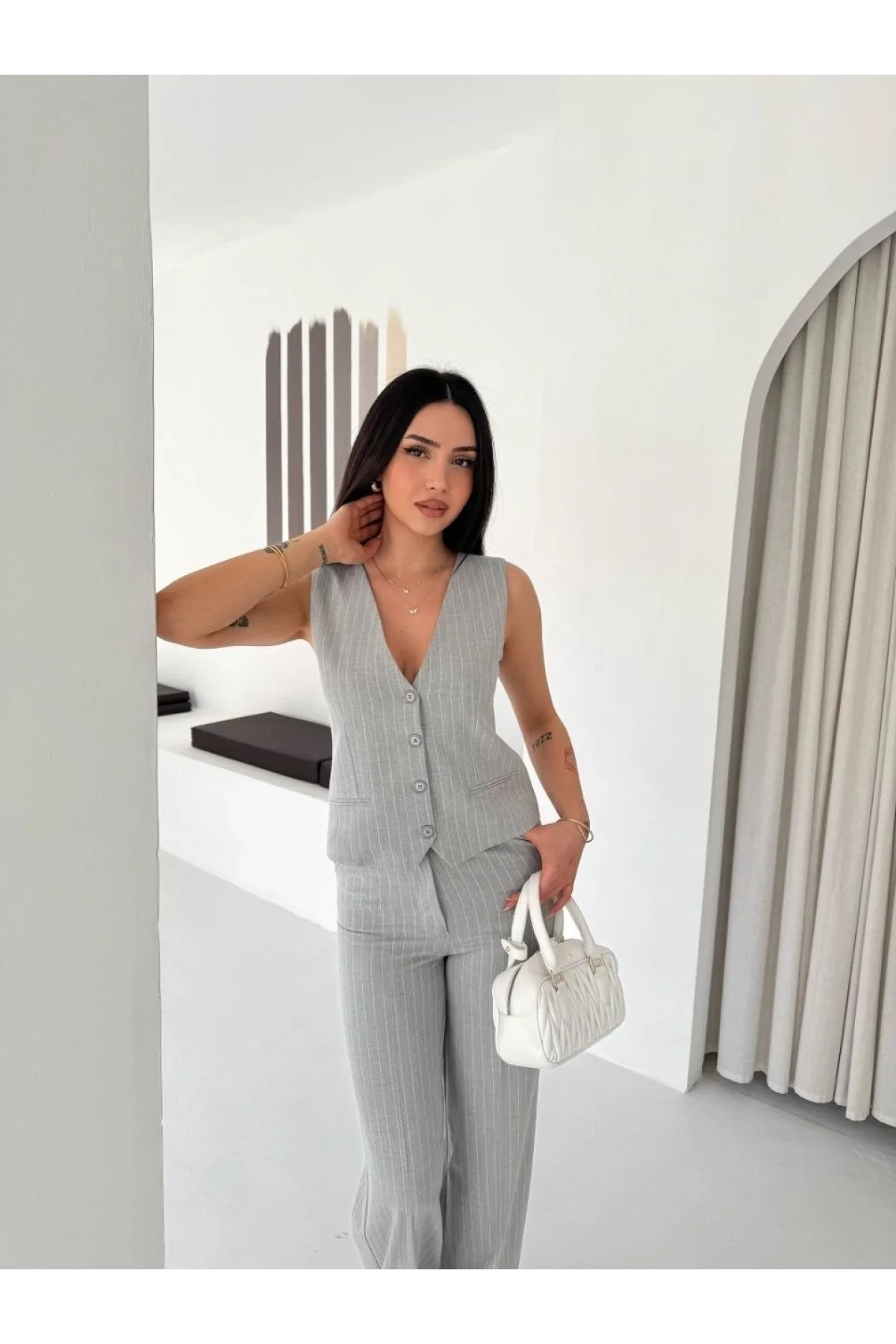 Kadın Çizgili Tansel Kumaş Yelek Pantolon İkili Takım Ofis Şık Modern - Gri