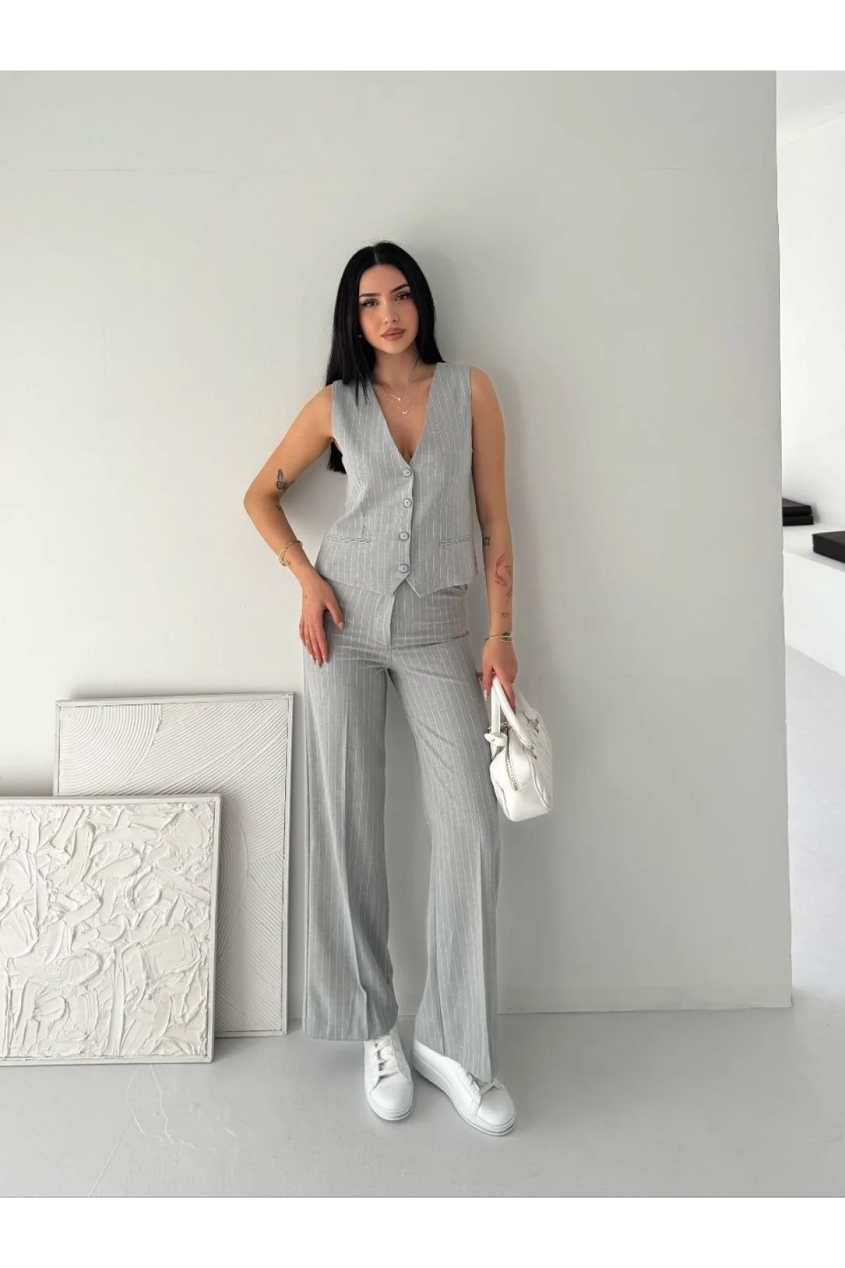 Kadın Çizgili Tansel Kumaş Yelek Pantolon İkili Takım Ofis Şık Modern - Gri