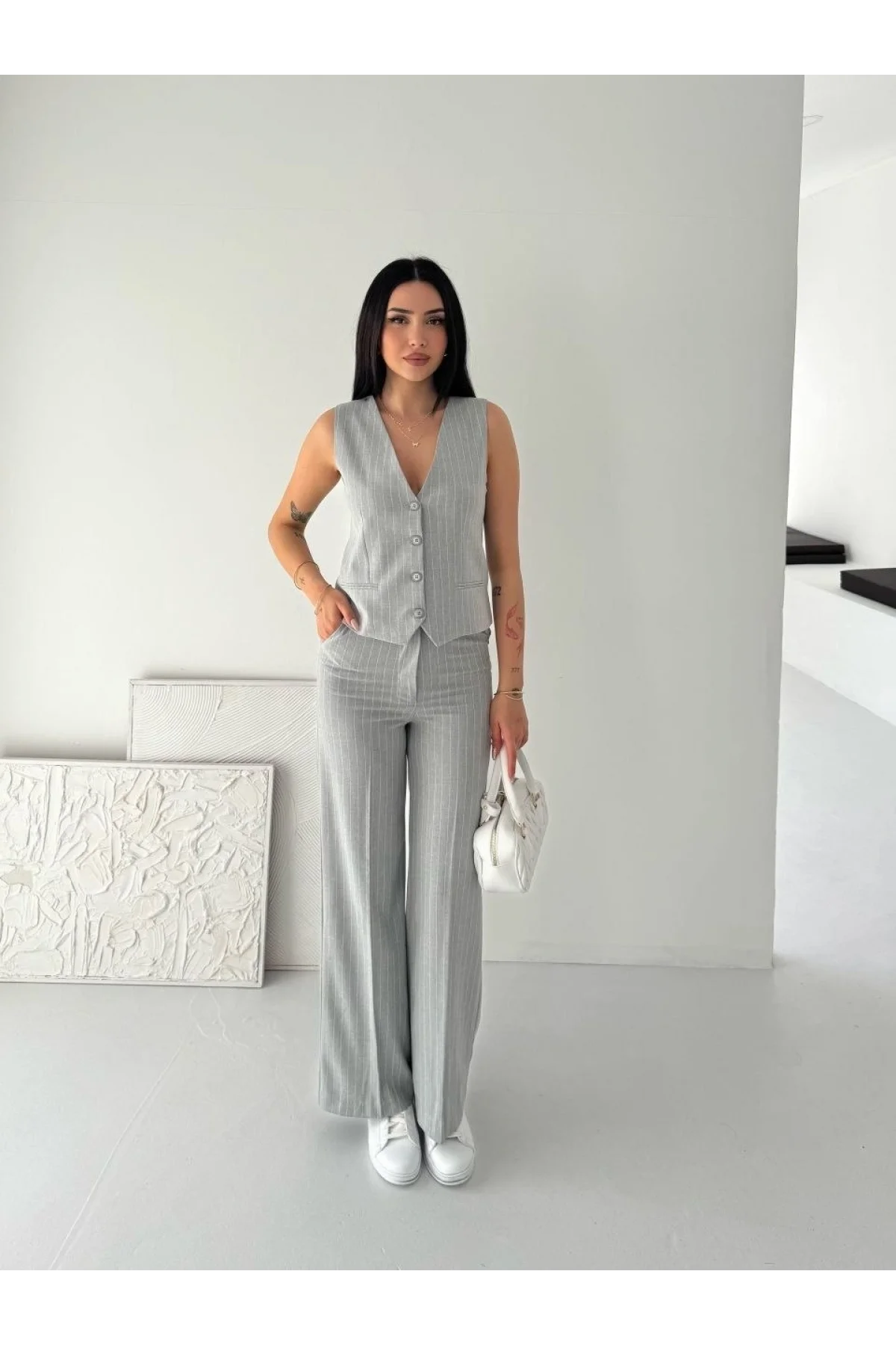 Kadın Çizgili Tansel Kumaş Yelek Pantolon İkili Takım Ofis Şık Modern - Gri