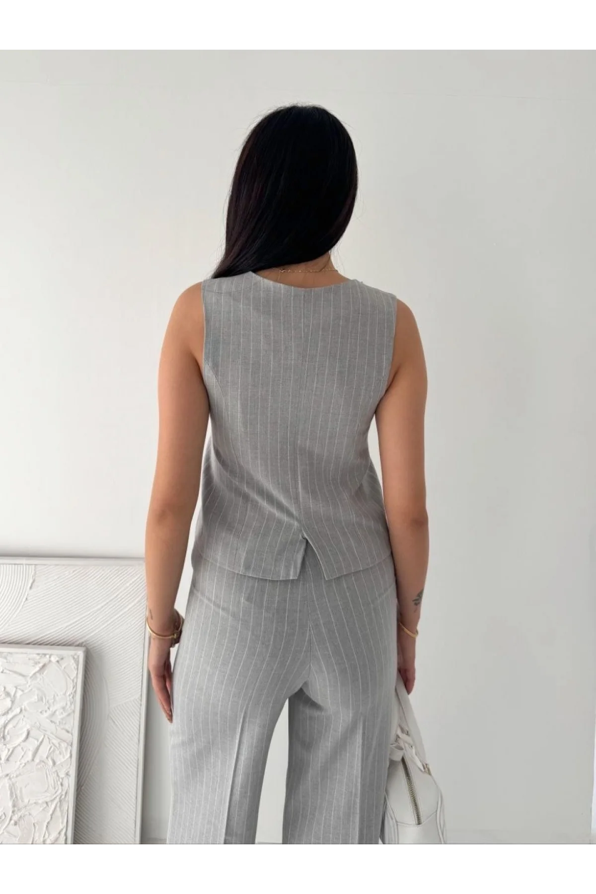 Kadın Çizgili Tansel Kumaş Yelek Pantolon İkili Takım Ofis Şık Modern - Gri