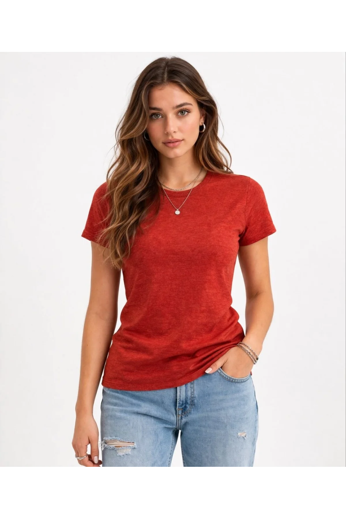 Kadın Flam Kumaş Melanj Dokulu Regular Fit Tişört Bisiklet Yaka Yazlık T-Shirt - Kiremit