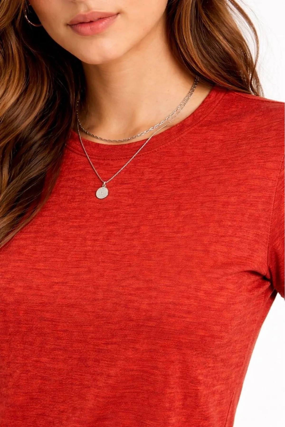 Kadın Flam Kumaş Melanj Dokulu Regular Fit Tişört Bisiklet Yaka Yazlık T-Shirt - Kiremit