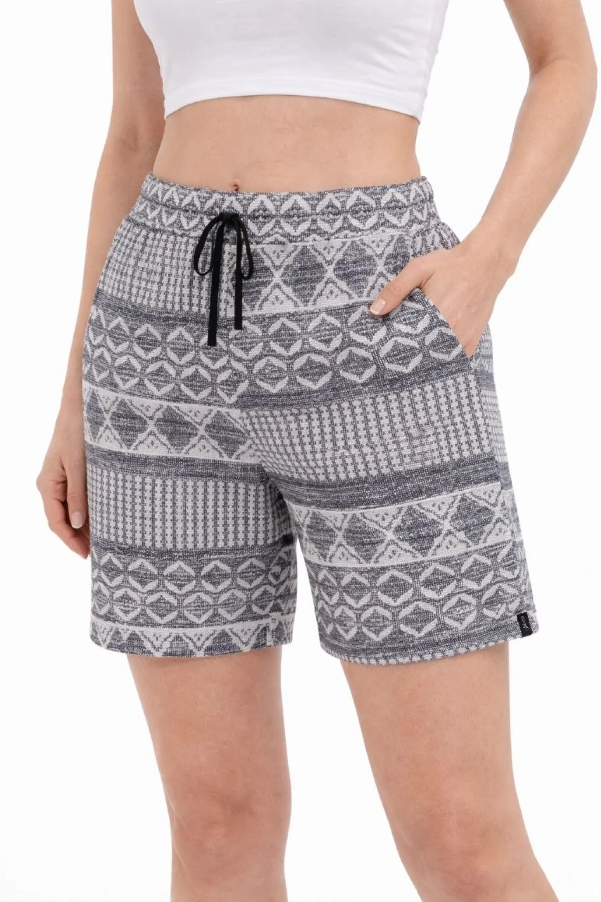 Kadın Etnik Desenli Dokuma Şort Lastikli Bel Bağcıklı Cepli Yazlık - Gri