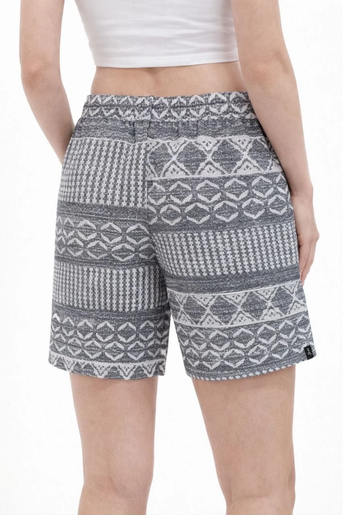 Kadın Etnik Desenli Dokuma Şort Lastikli Bel Bağcıklı Cepli Yazlık - Gri