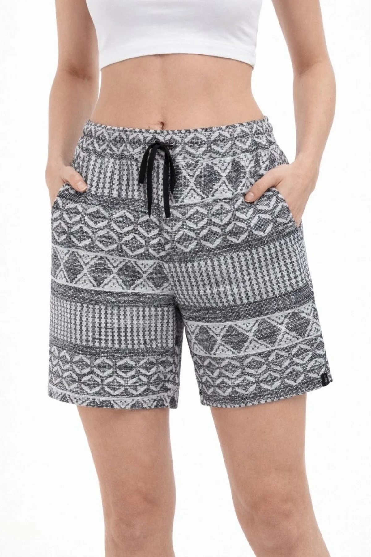 Kadın Etnik Desenli Dokuma Şort Lastikli Bel Bağcıklı Cepli Yazlık - Gri