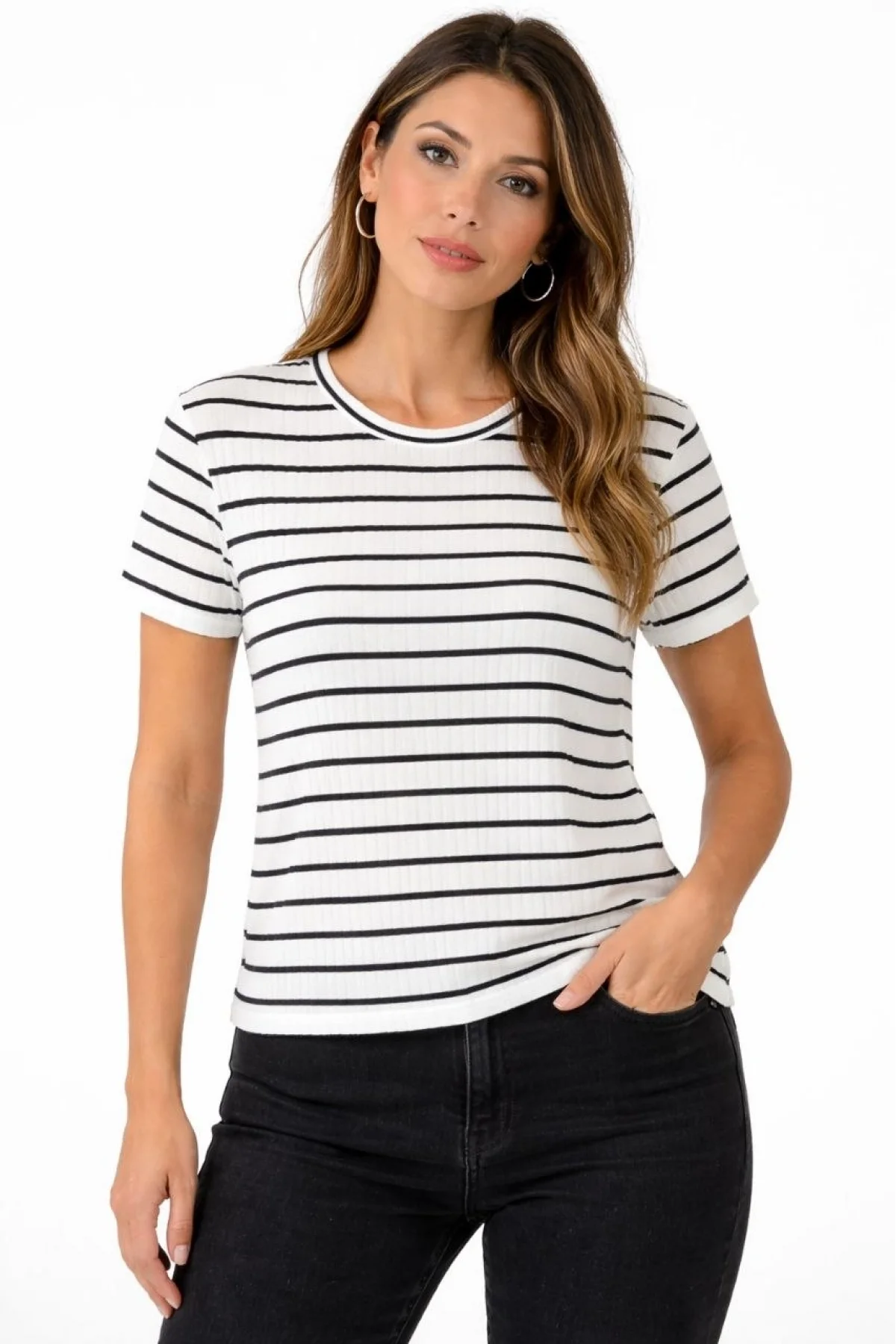 Kadın Çizgili Yazlık Triko T-Shirt Bisiklet Yaka Rahat Kalıp Tişört - Beyaz