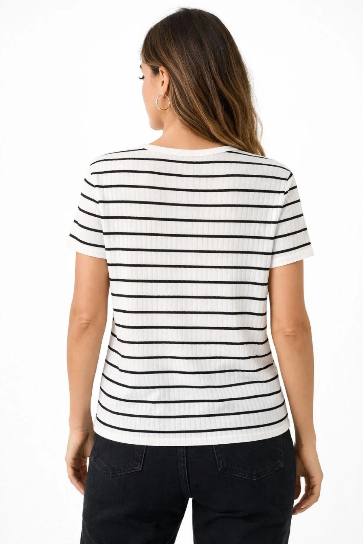 Kadın Çizgili Yazlık Triko T-Shirt Bisiklet Yaka Rahat Kalıp Tişört - Beyaz