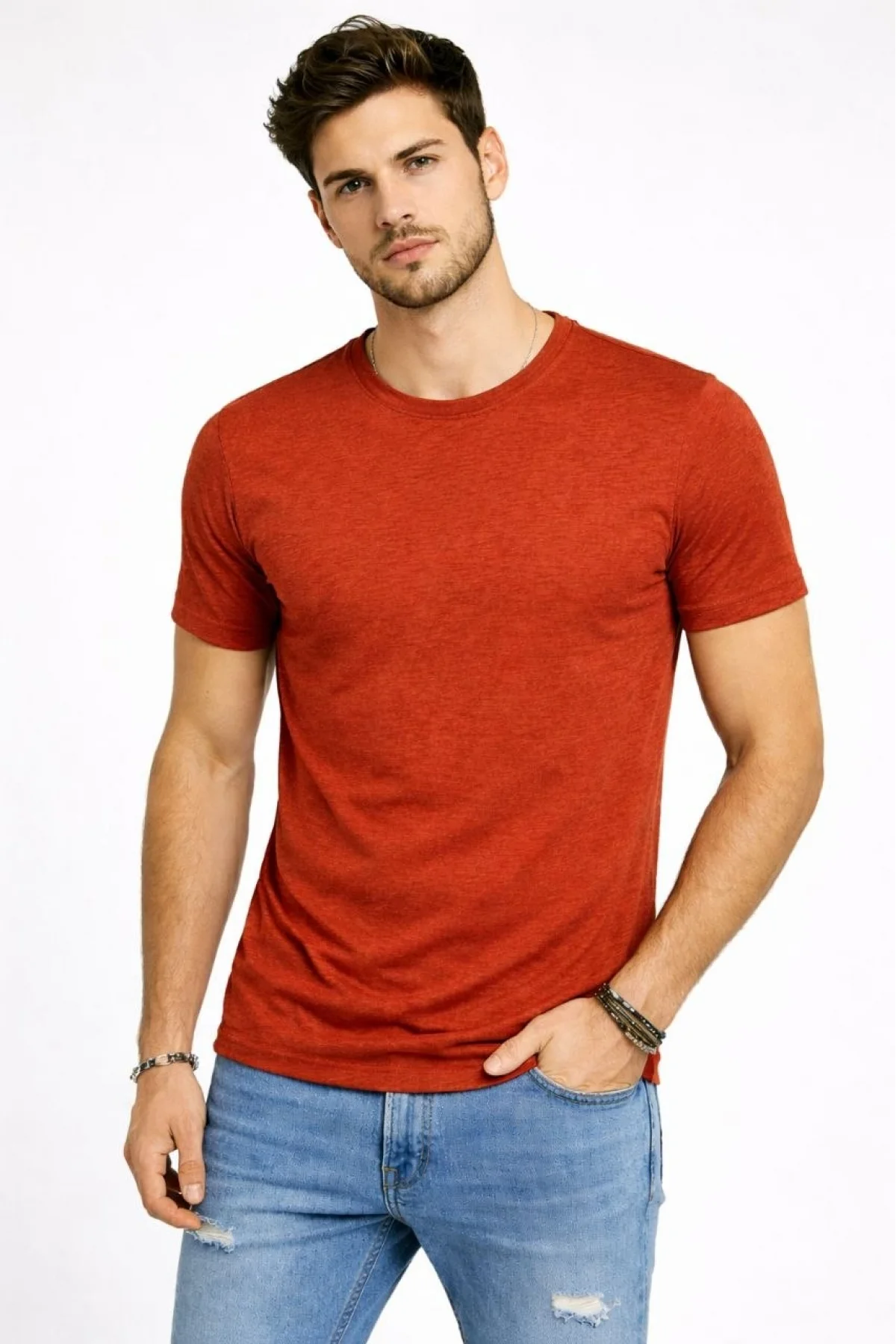 Erkek Flam Kumaş Melanj Dokulu Regular Fit Tişört Bisiklet Yaka Yazlık T-Shirt - Kiremit