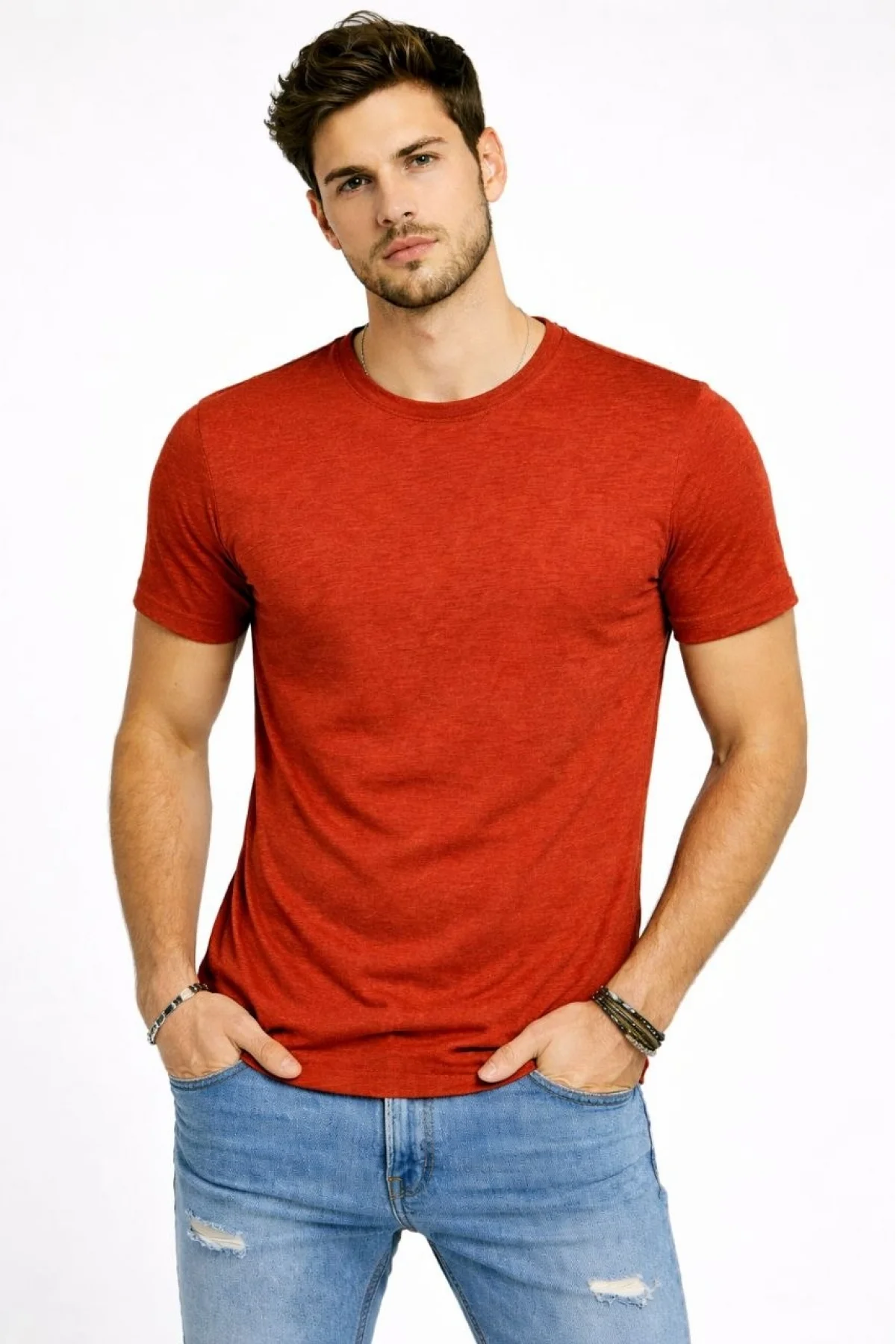 Erkek Flam Kumaş Melanj Dokulu Regular Fit Tişört Bisiklet Yaka Yazlık T-Shirt - Kiremit